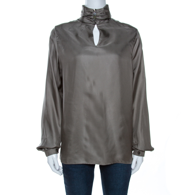 Hermes Grey Printed Silk High Neck Blouse M Hermes | The Luxury Closet