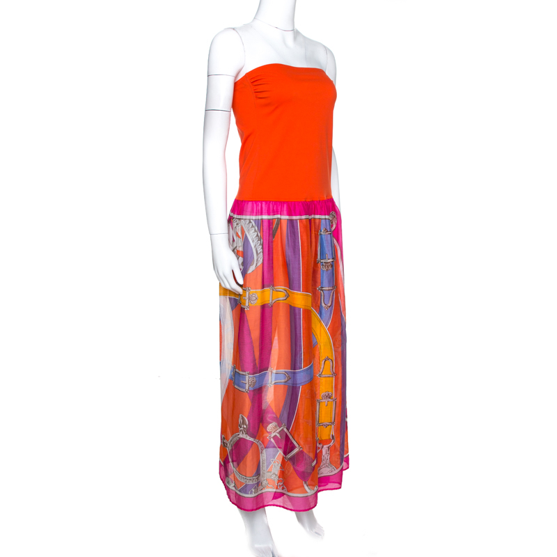 

Hermes Orange Printed Strapless Dress