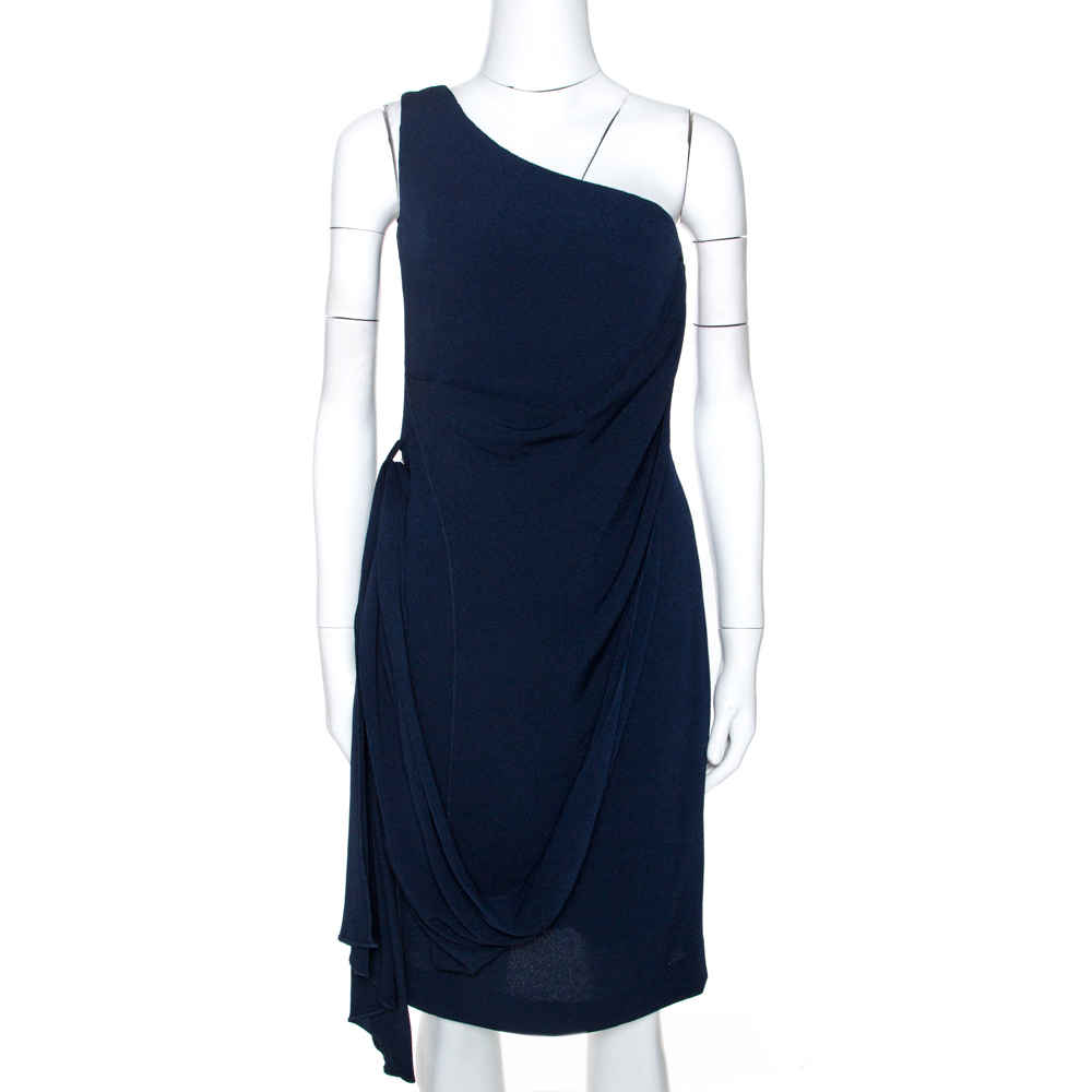 Hermes Navy Blue Silk One Shoulder Draped Dress S