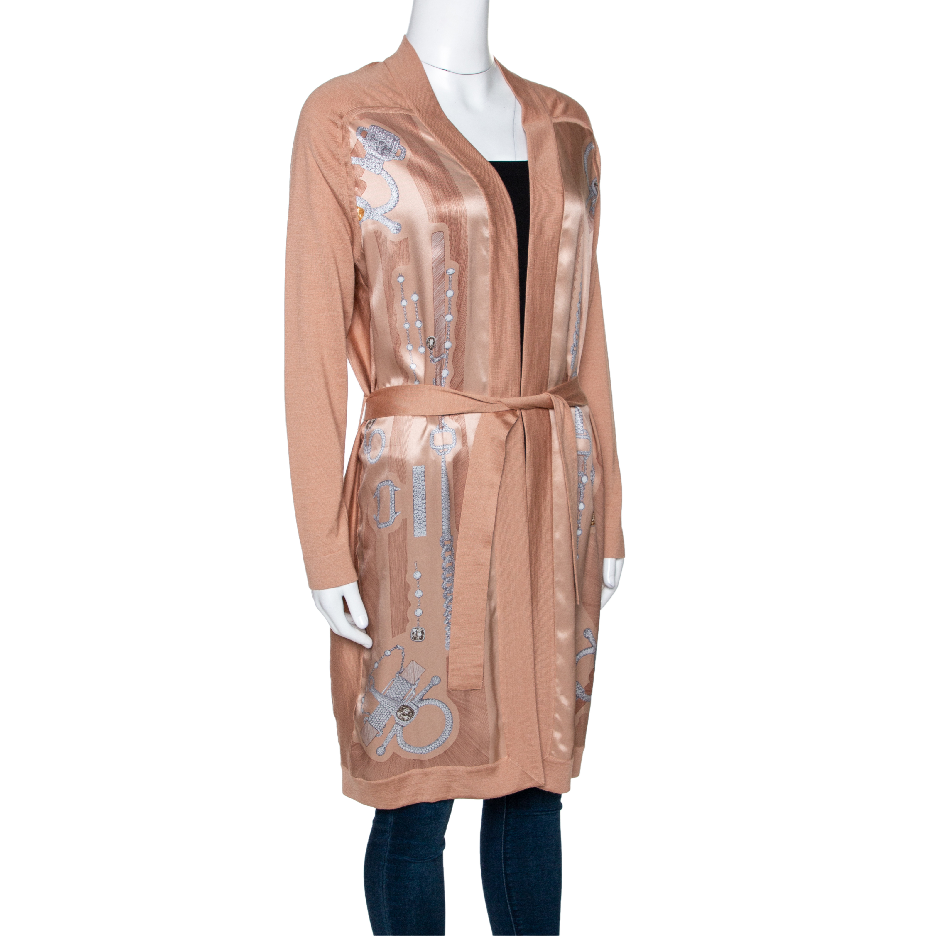 

Hermes Peach Parure De Gala Print Cashmere & Silk Belted Cardigan, Pink