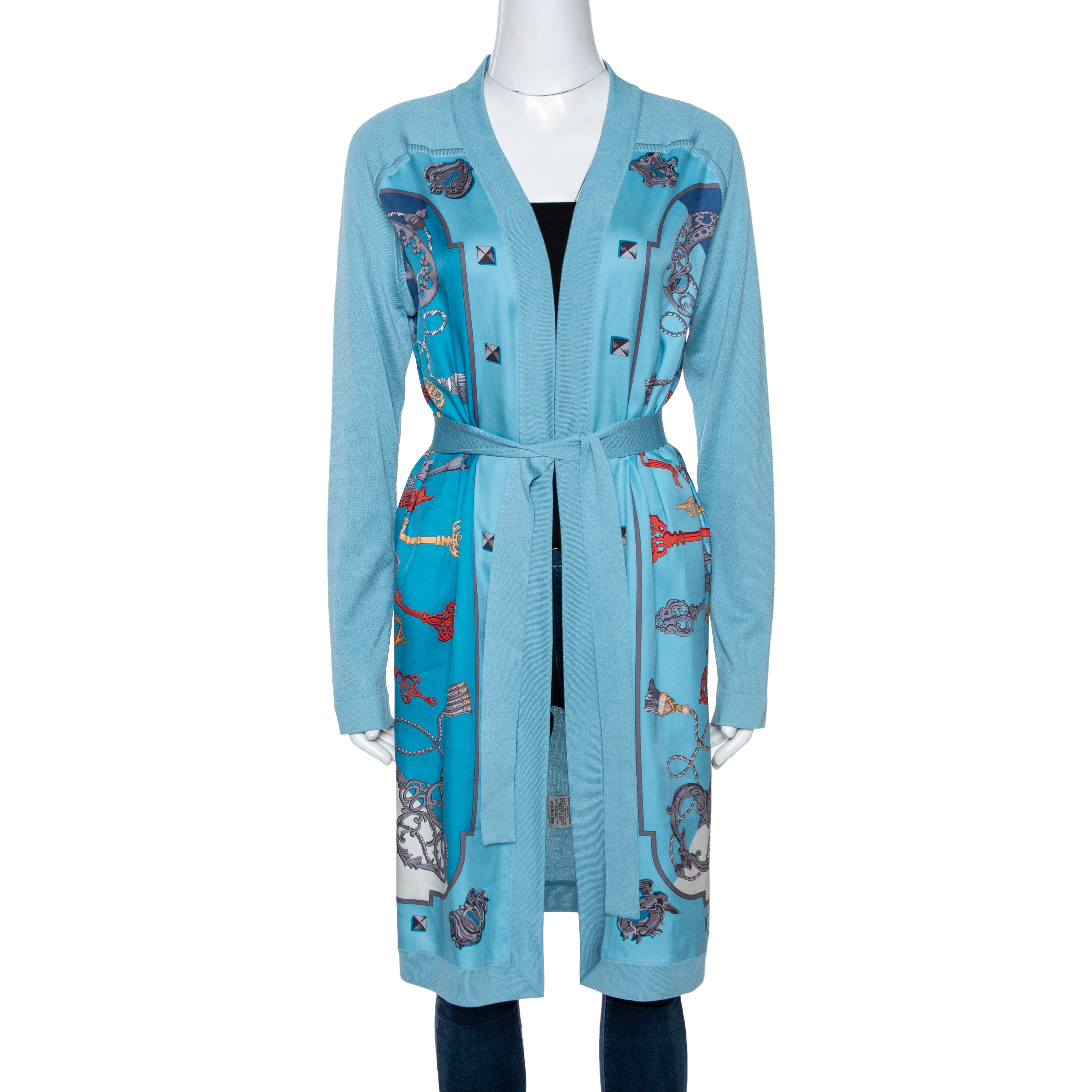 Hermes Blue Les Cles Print Silk & Knit Belted Cardigan M