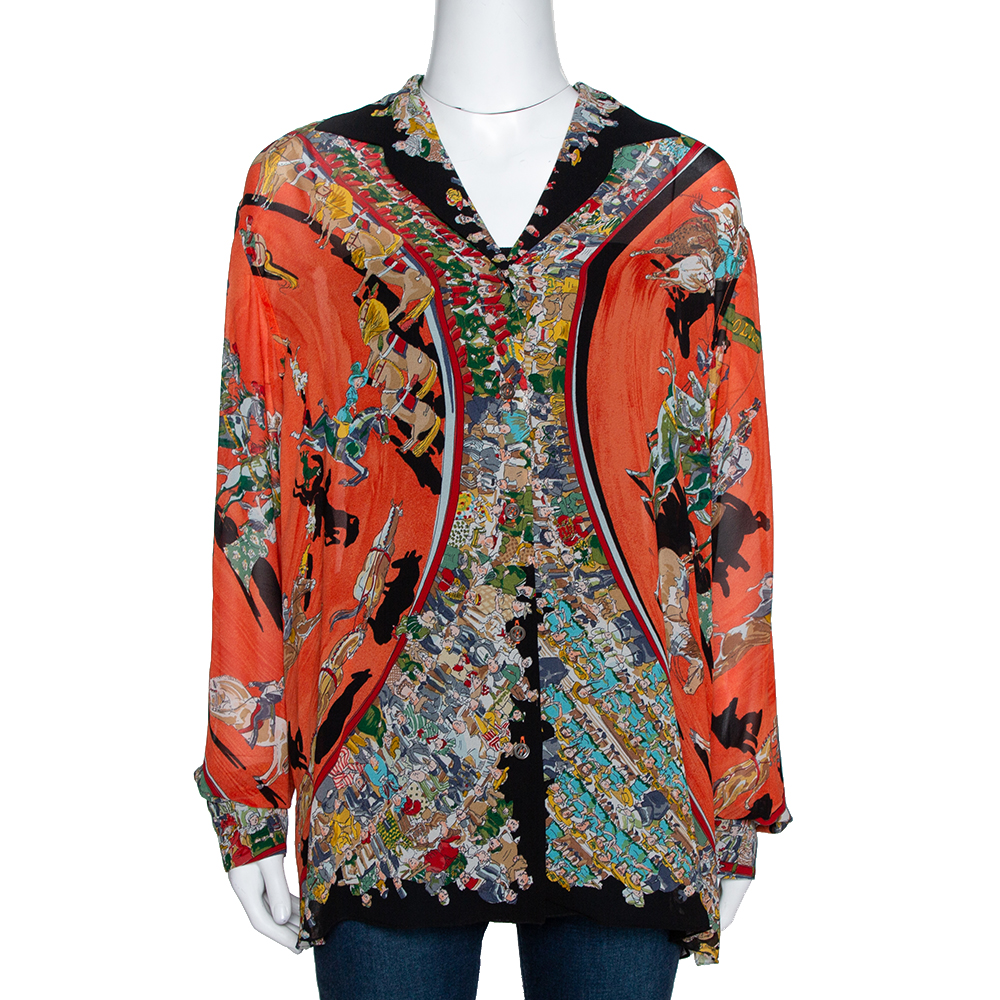 Hermes Orange Cirque Molier Print Silk Crepe Shirt L