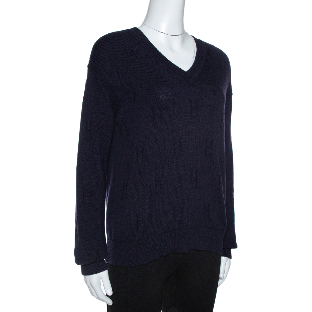 

Hermès Dark Blue Ribbed Wool Knit Voyage Sweater