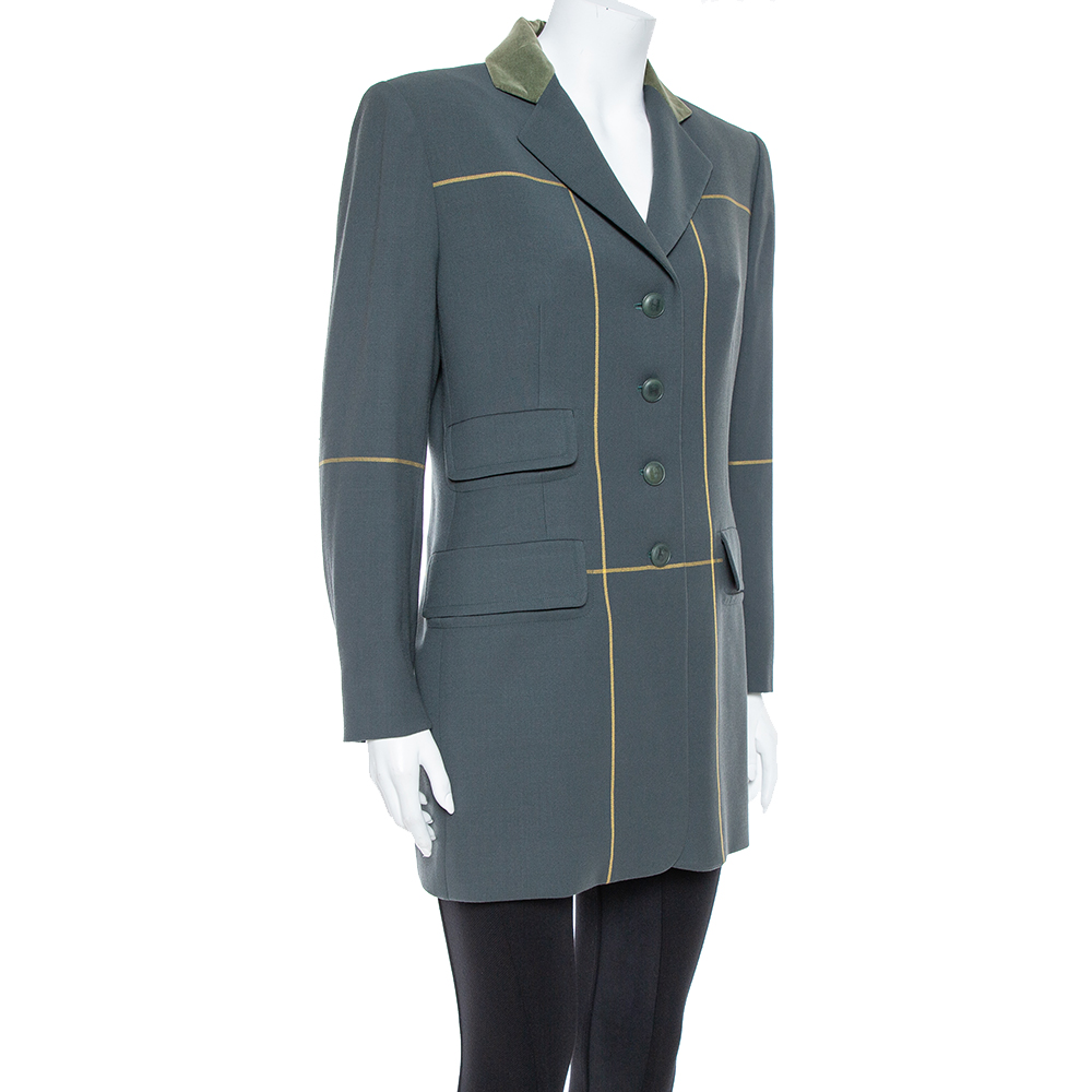 

Hermes Uniform Green Wool & Velvet Collar Detail Knee Length Vintage Coat