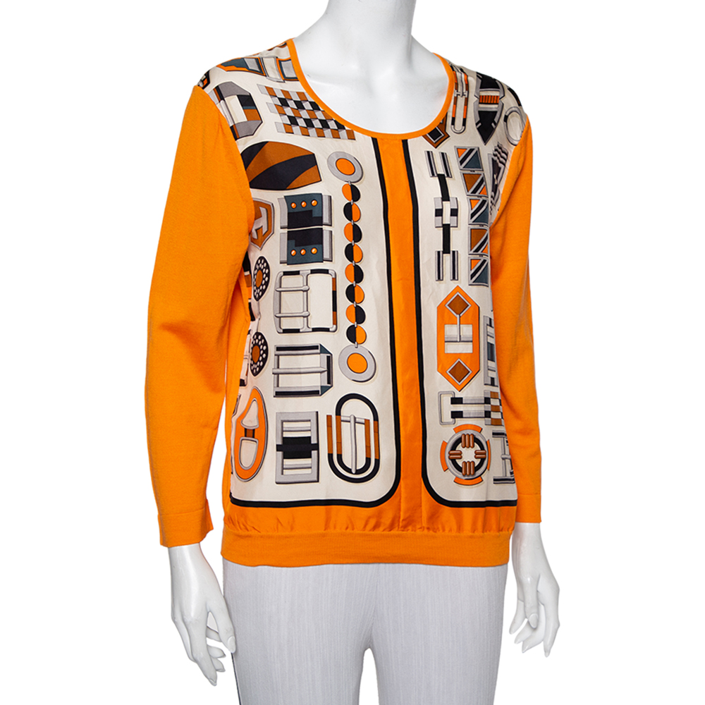 

Hermes Orange Printed Silk & Knit Paneled Top