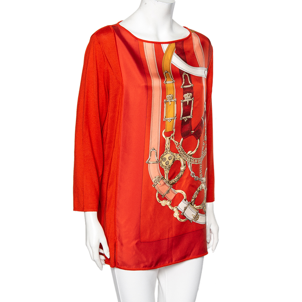 

Hermes Burnt Orange Printed Silk & Knit Long Sleeve Top