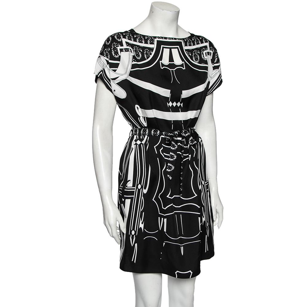 

Hermes Black Printed Silk Belted Dress