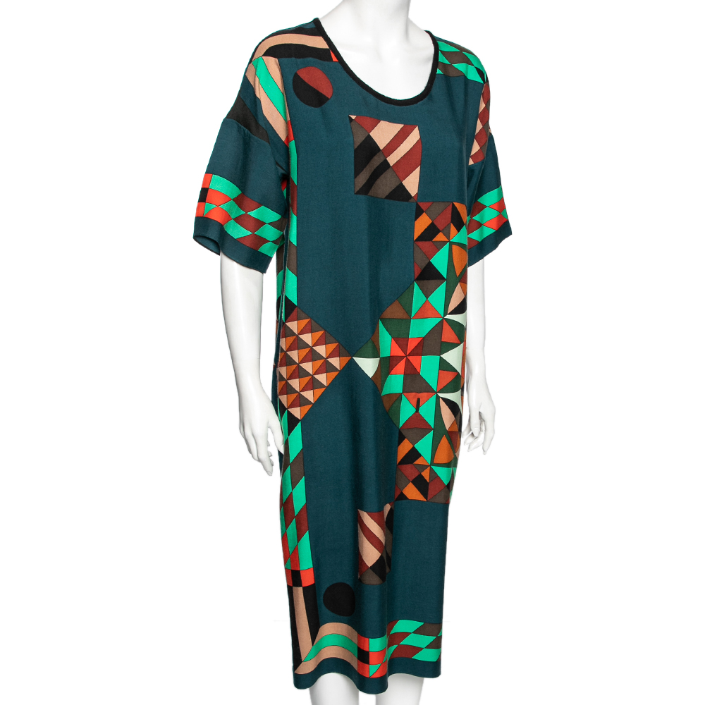

Hermes Teal Blue Geometric Printed Cashmere Dress