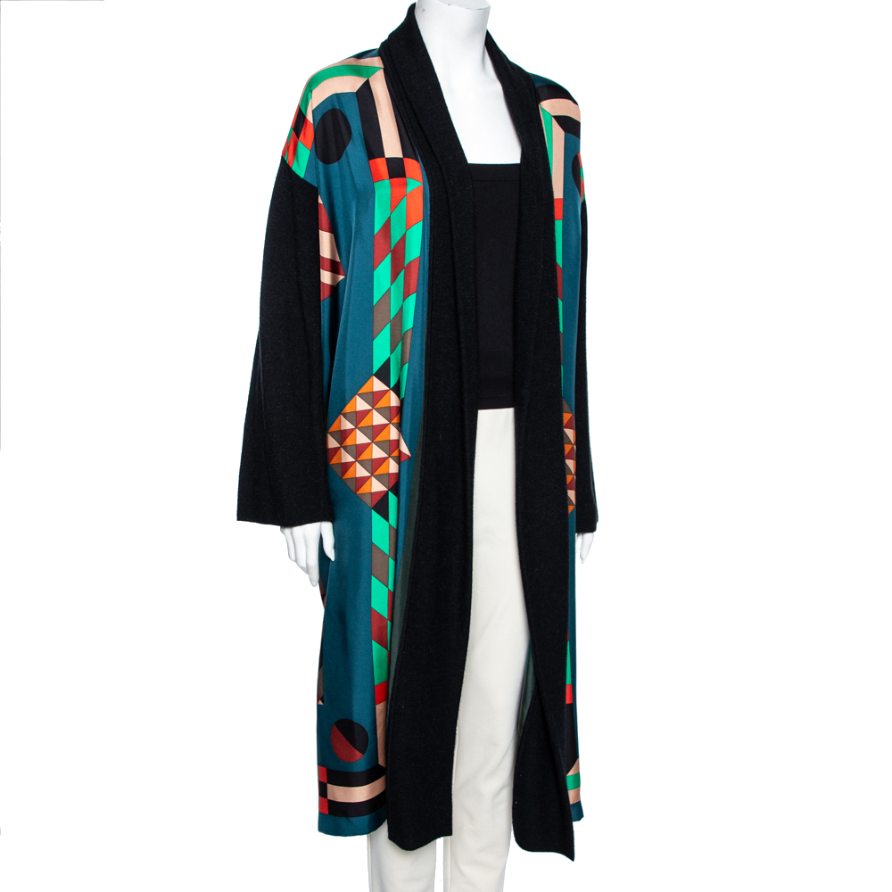 

Hermes Multicolor Printed Silk & Knit Open Front Cardigan