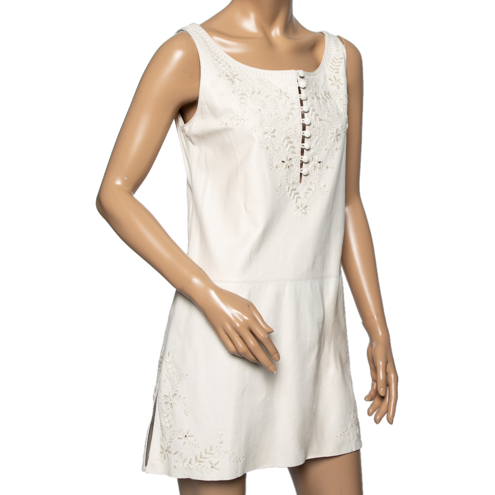 

Hermes Cream Leather Floral Embroidered Sleeveless Mini Dress