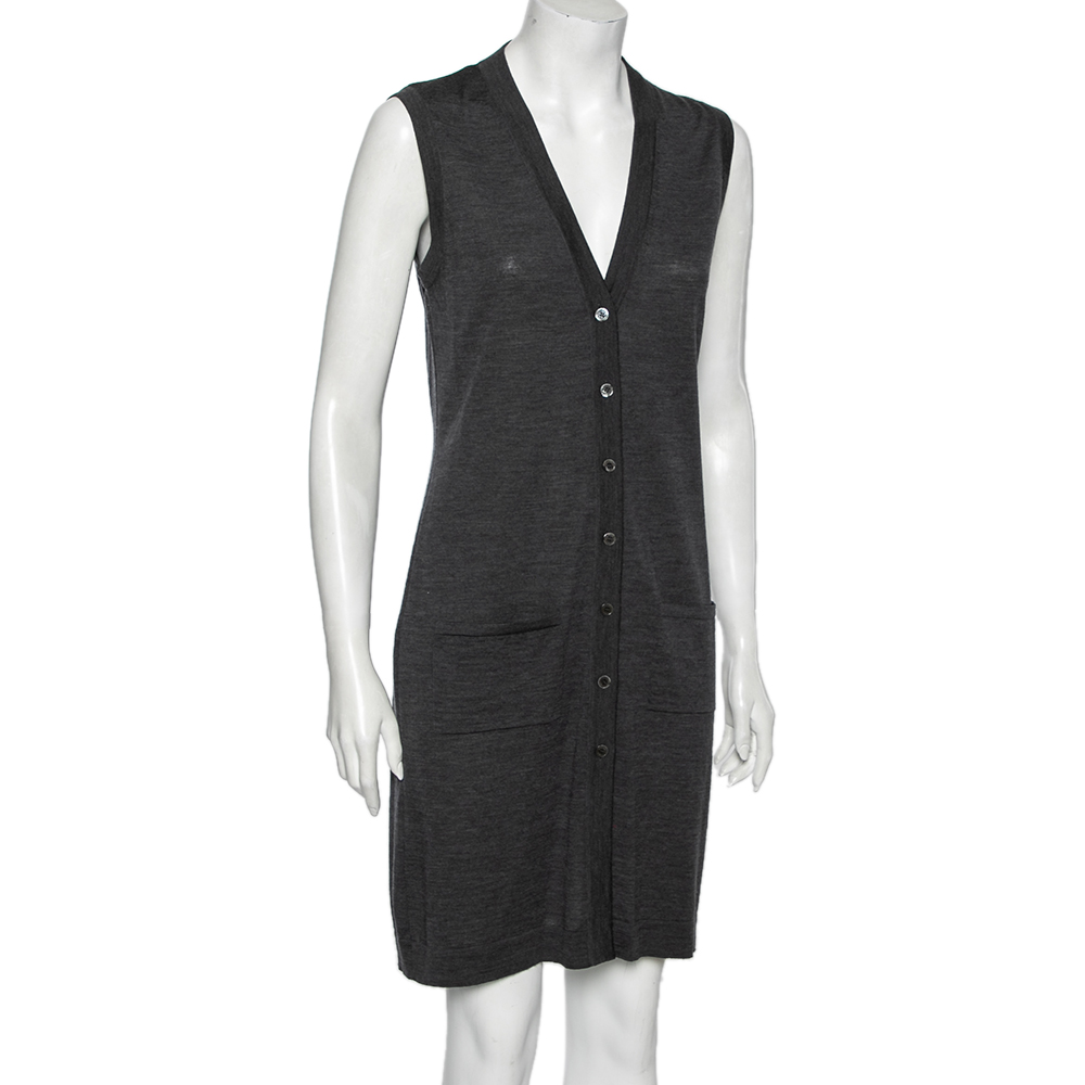 

Hermes Charcoal Grey Wool Sleeveless Button Front Long cardigan