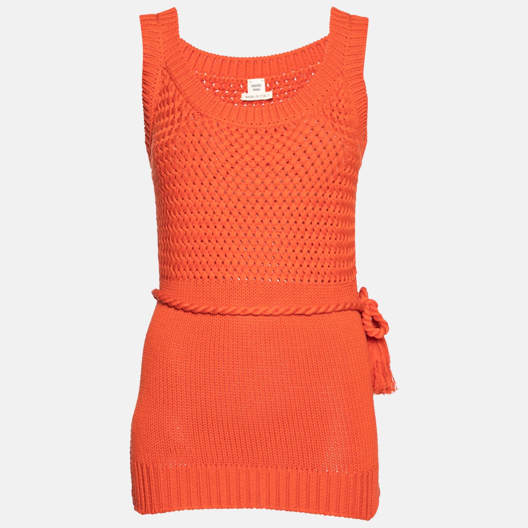 Pre Owned Hermes Orange Cotton Knit Sleeveless Belted Mini Dress S