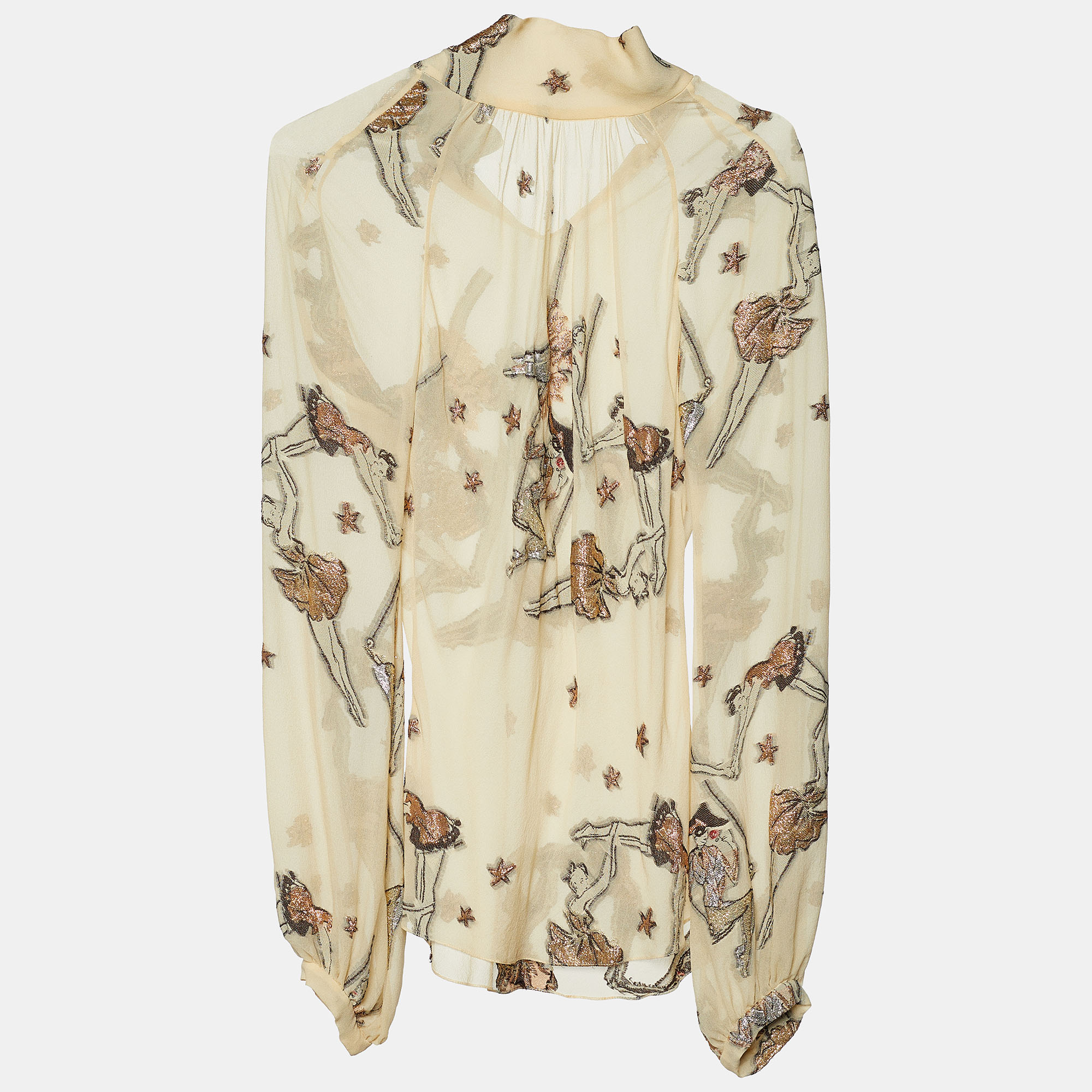 

Hermes Beige Ballerina Jacquard Silk Long Sleeve Blouse, Cream