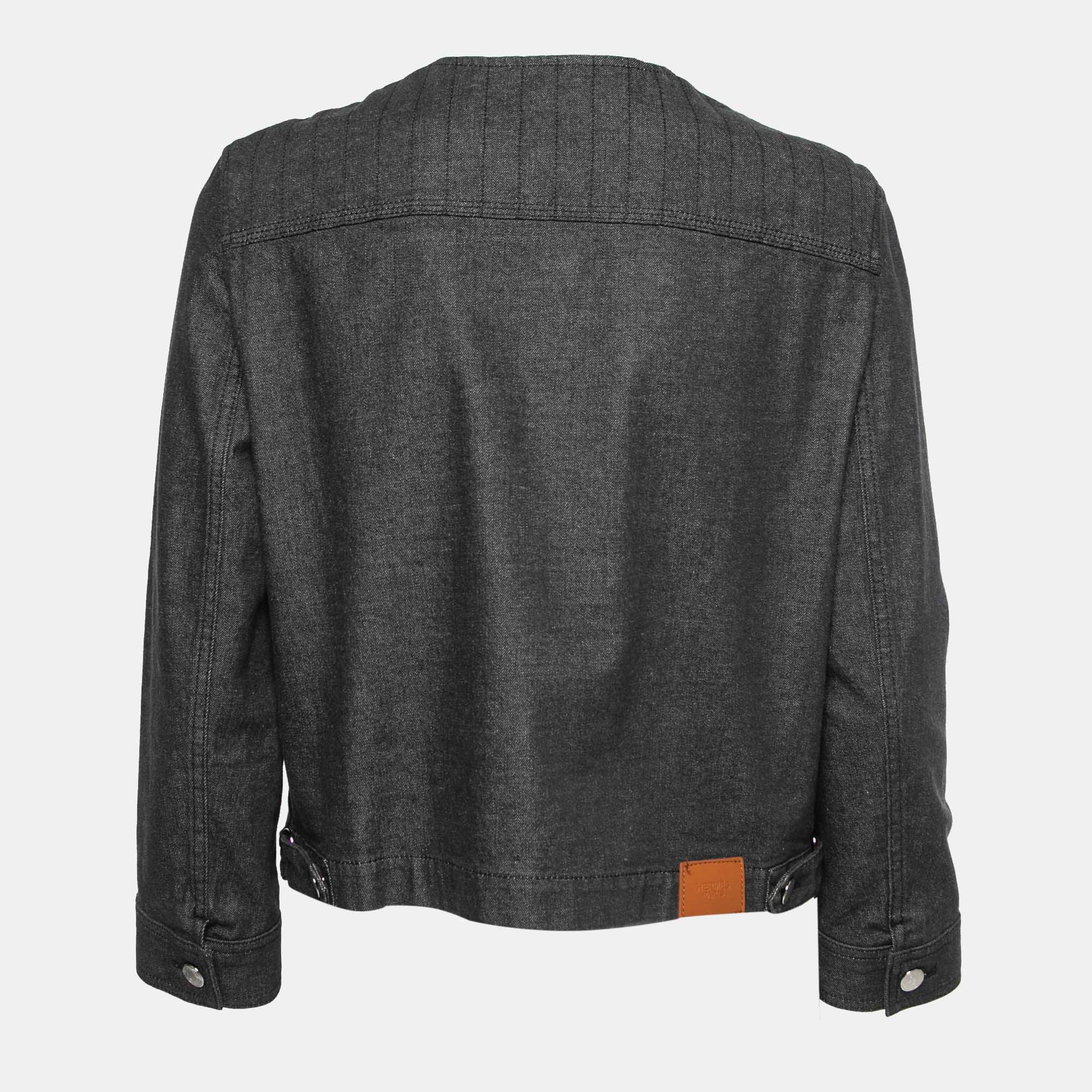 

Hermes Dark Grey Denim Round Neck Button Front Jacket
