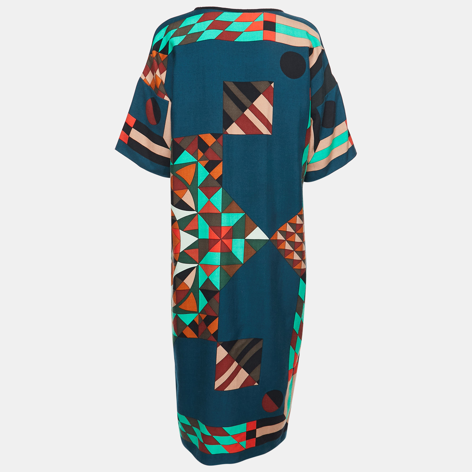 

Hermes Teal Blue Geometric Print Cashmere & Silk Dress
