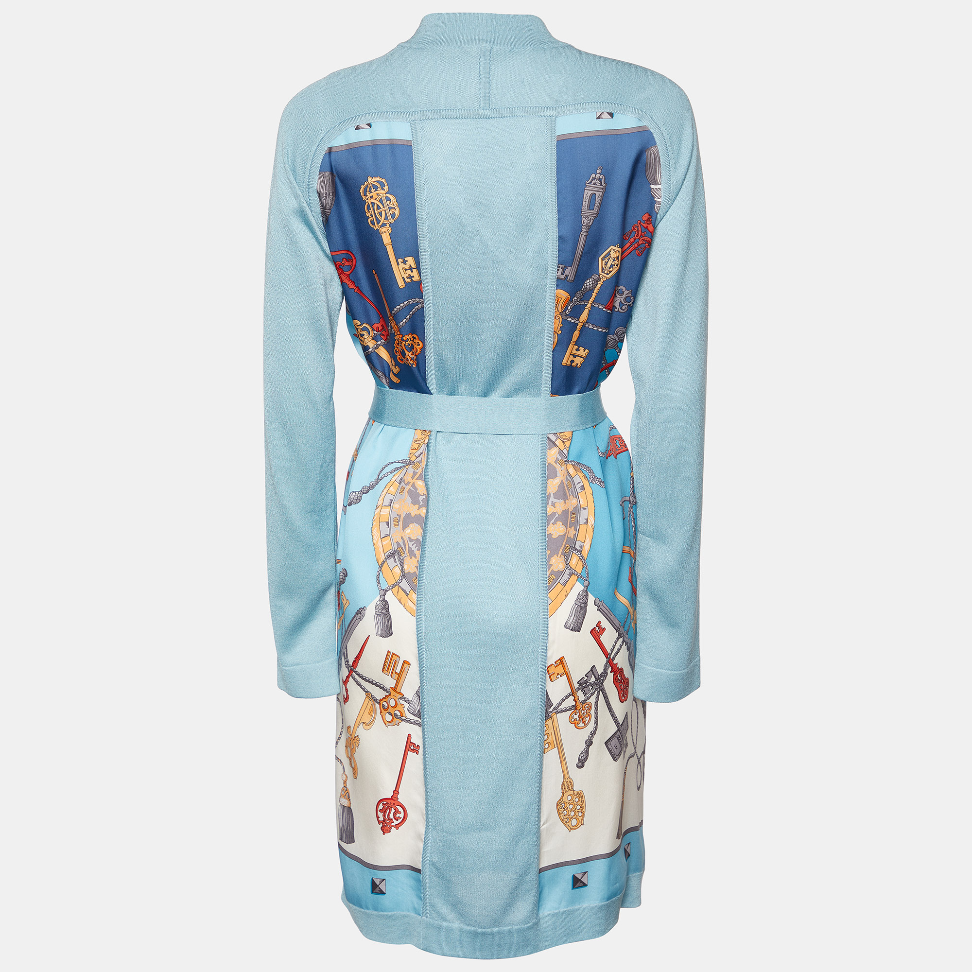 

Hermes Blue Les Cles Print Silk & Knit Belted Cardigan