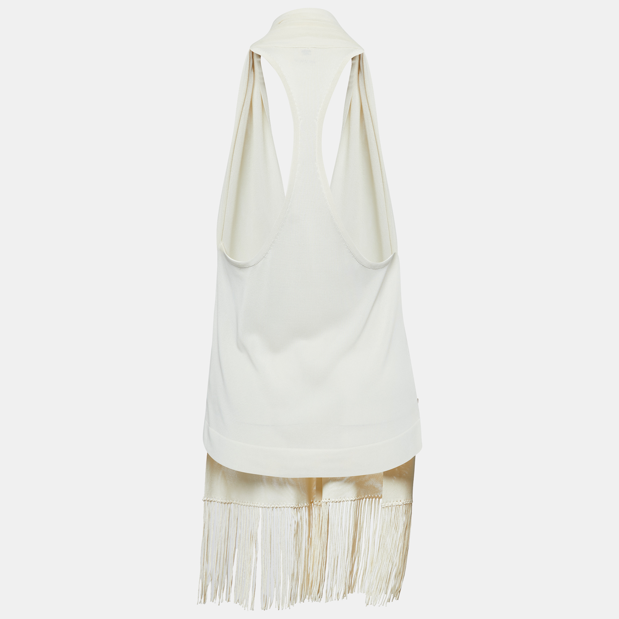 

Hermes Cream Knit Button Front Fringed Sleeveless Cardigan