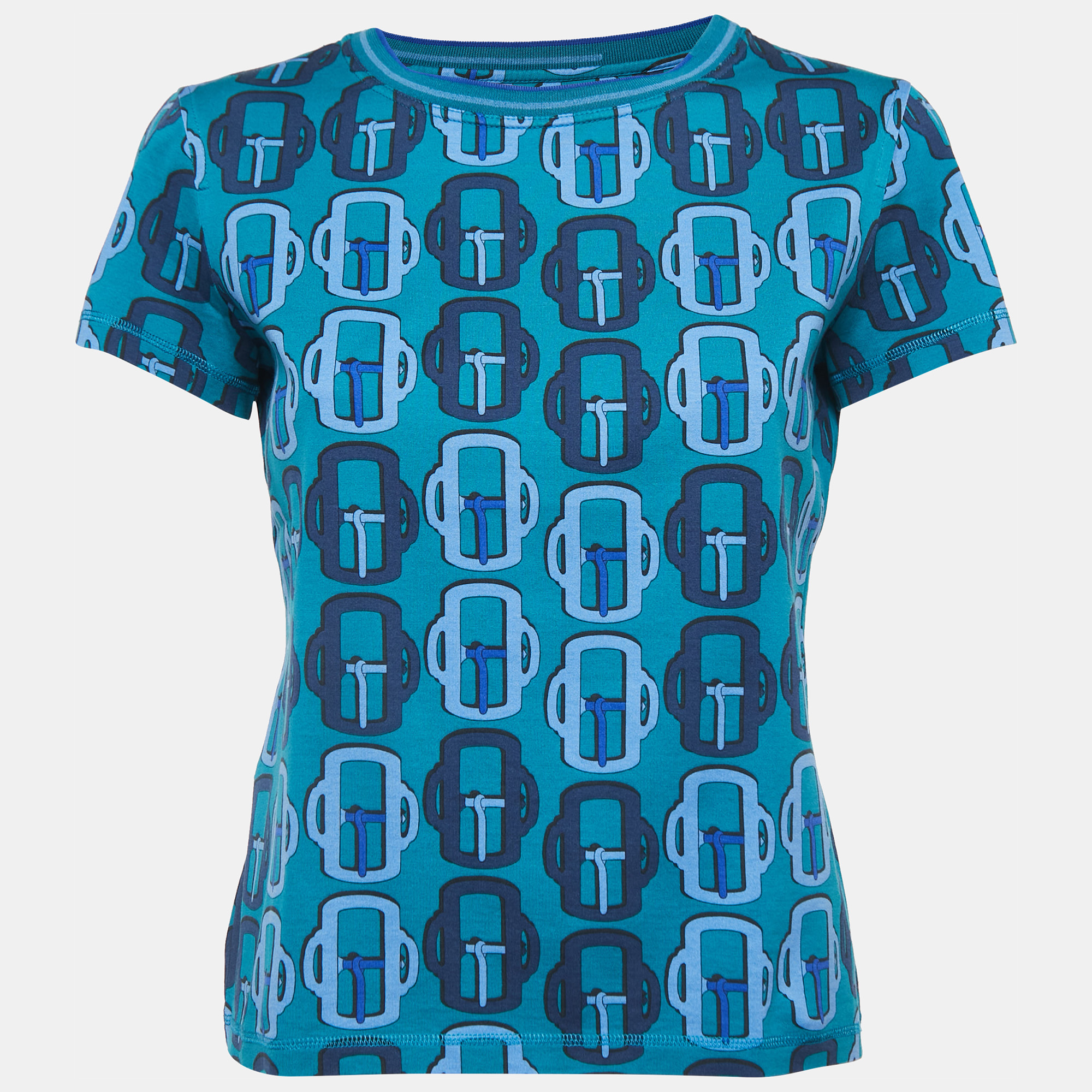 Pre Owned Hermes Blue All-Over Print Cotton Short Sleeve T-Shirt M