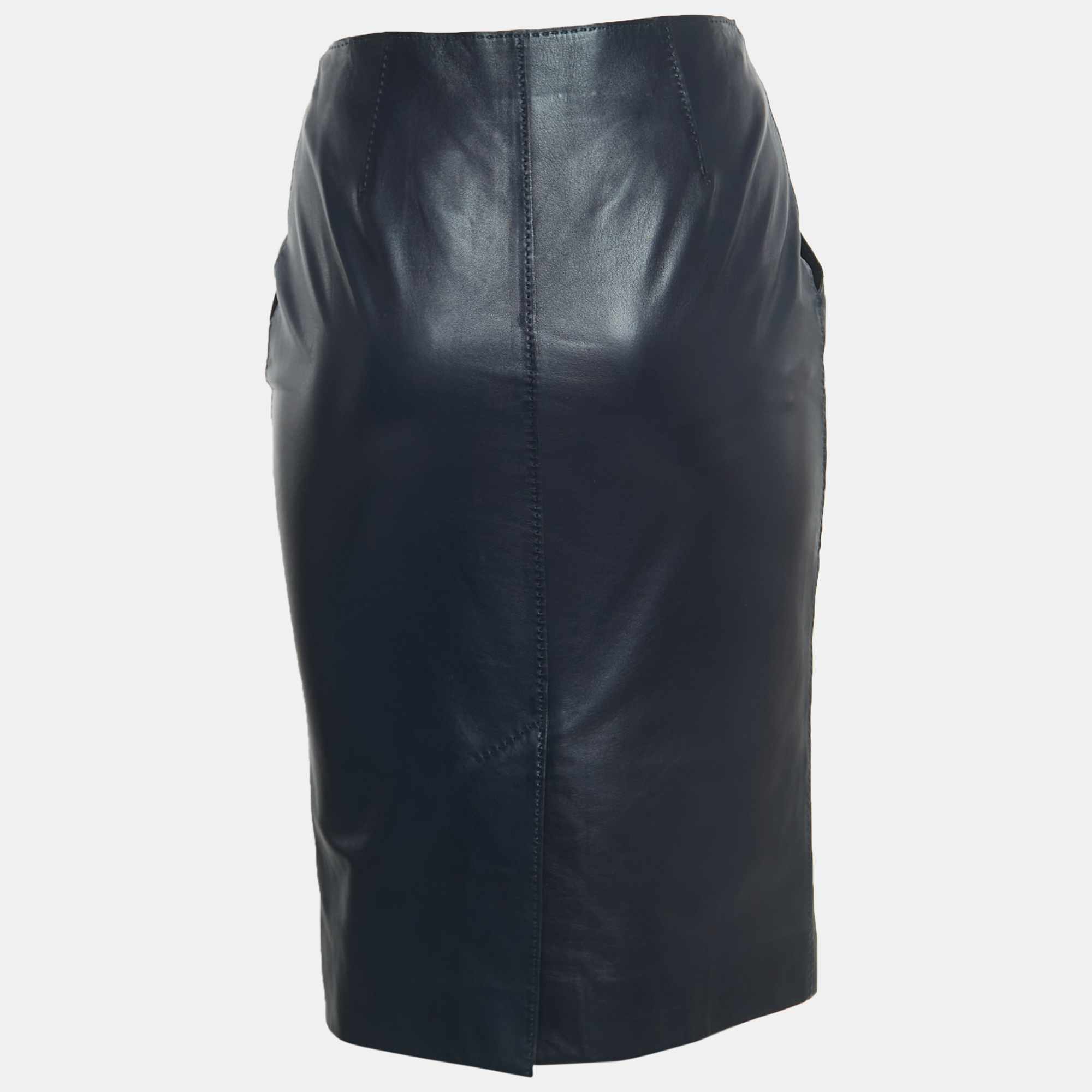 

Hermes Navy Blue Lambskin Leather Midi Skirt