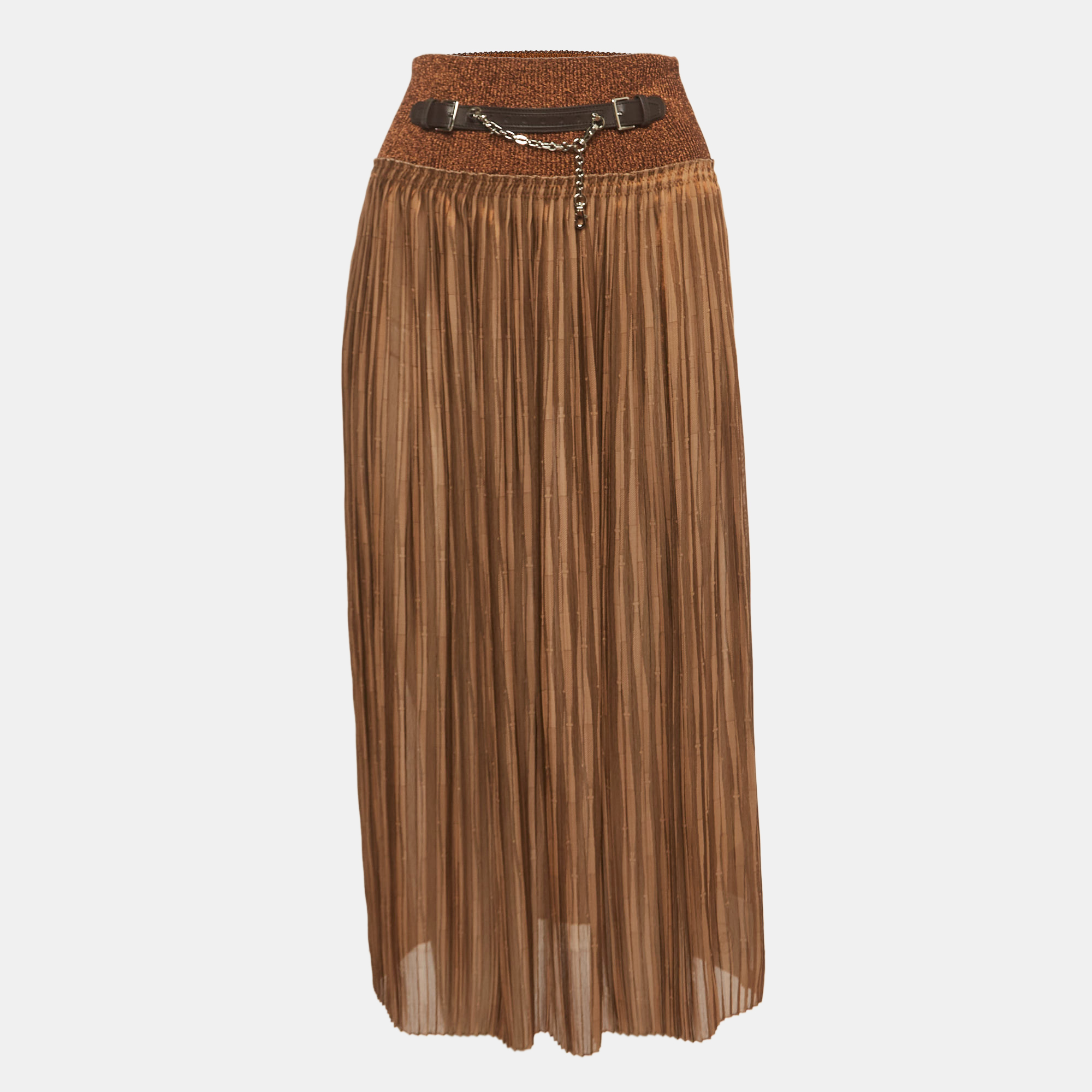 Hermès  Brown Knit Pleated Elasticated Waist Midi Skirt S