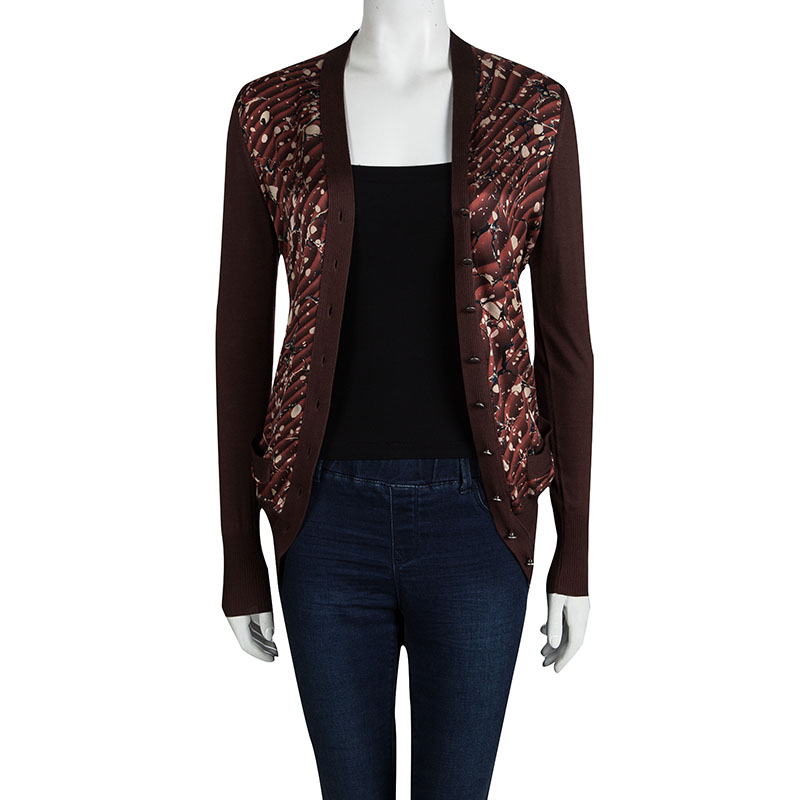 

Hermes Brown Printed Silk Ribbed Trim Cardigan