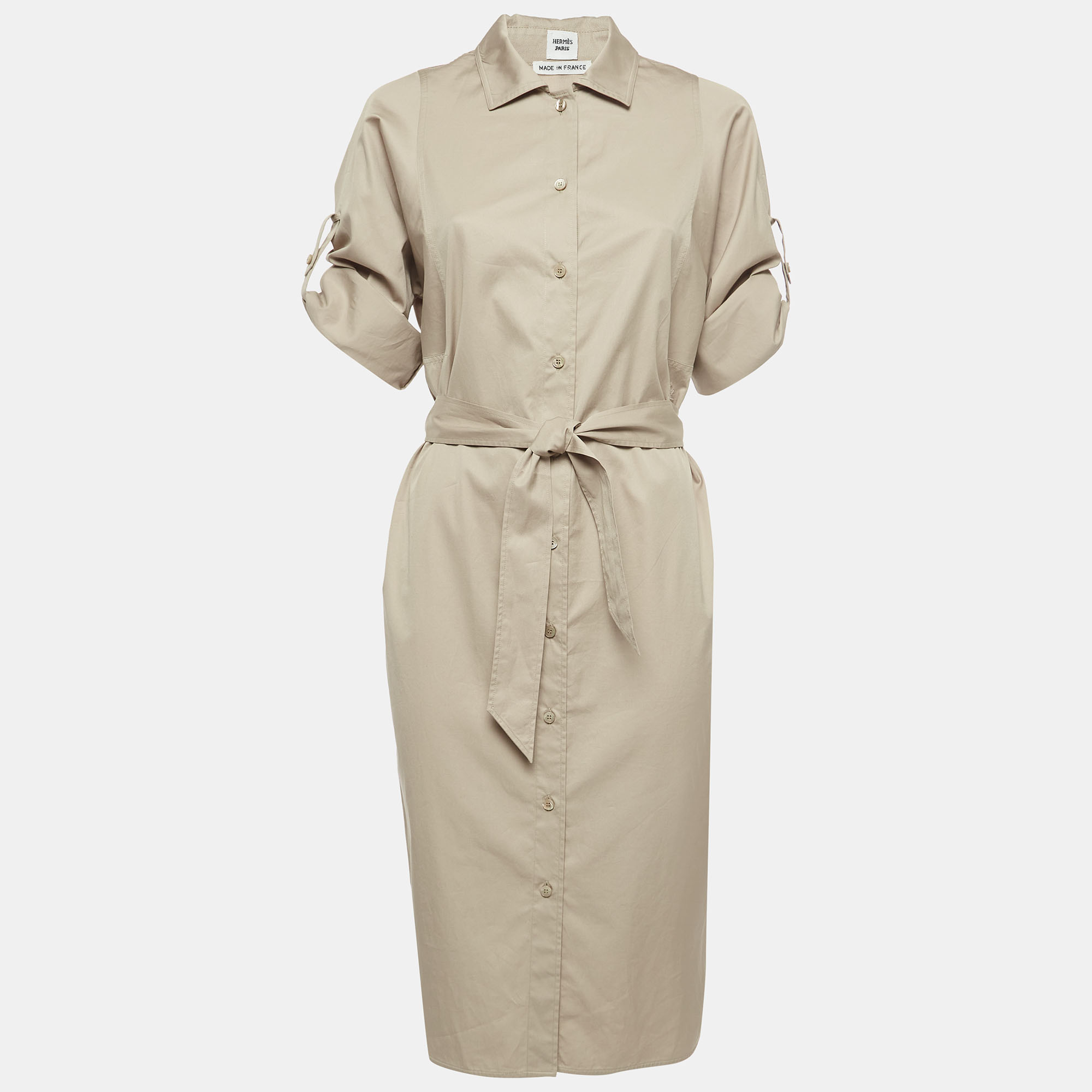 

Hermès Beige Logo Embroidered Cotton Belted Midi Shirt Dress