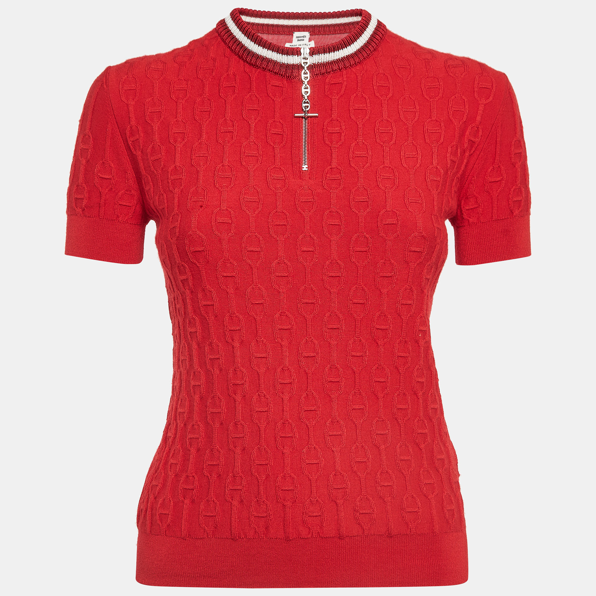 

Hermès Red Textured Knit Chaines d' Ancre Zipper Top