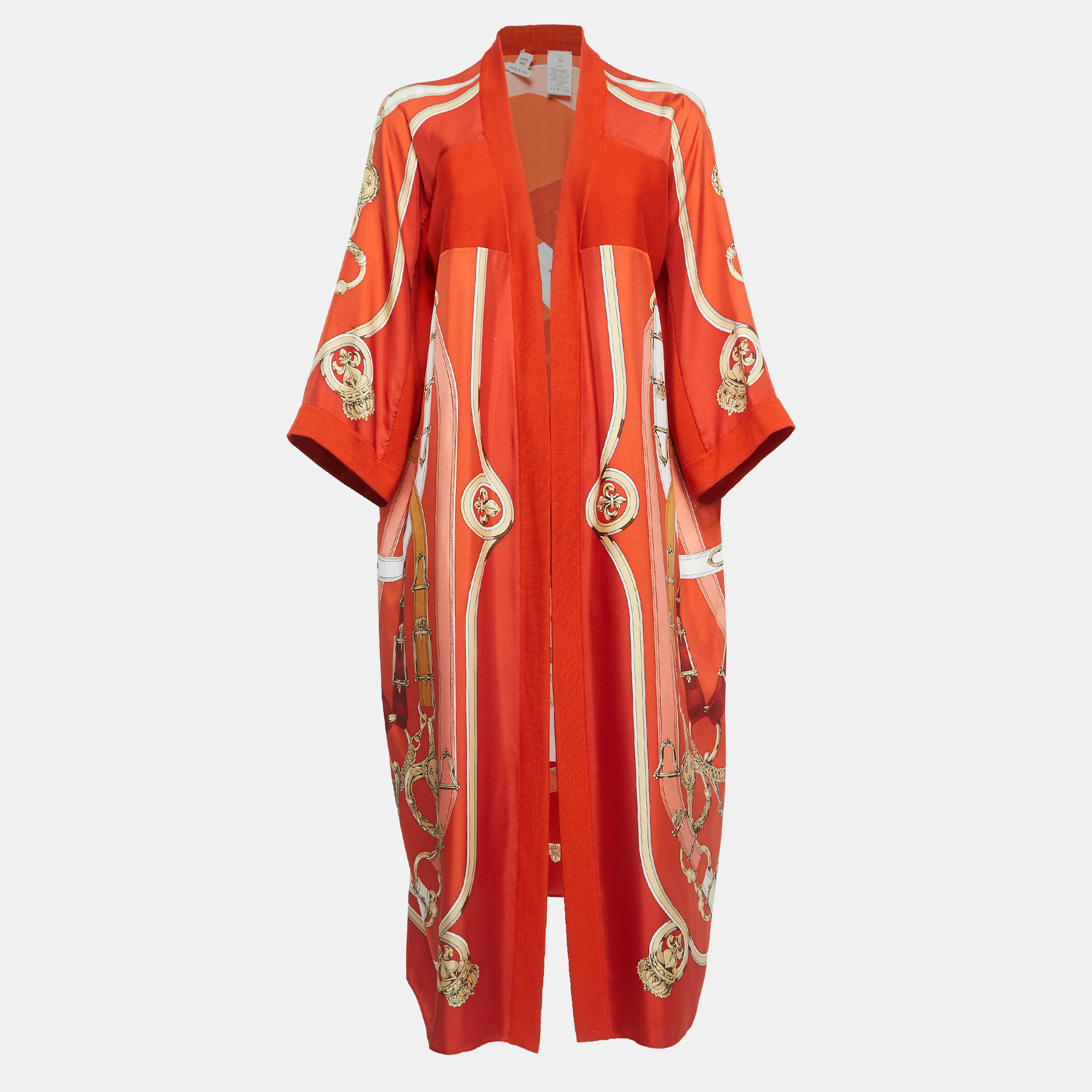 Hermes Orange Print Silk & Knit Trim Long Twillaine Cardigan Hermes Orange Print Silk & Knit Trim Long Twillaine Cardigan