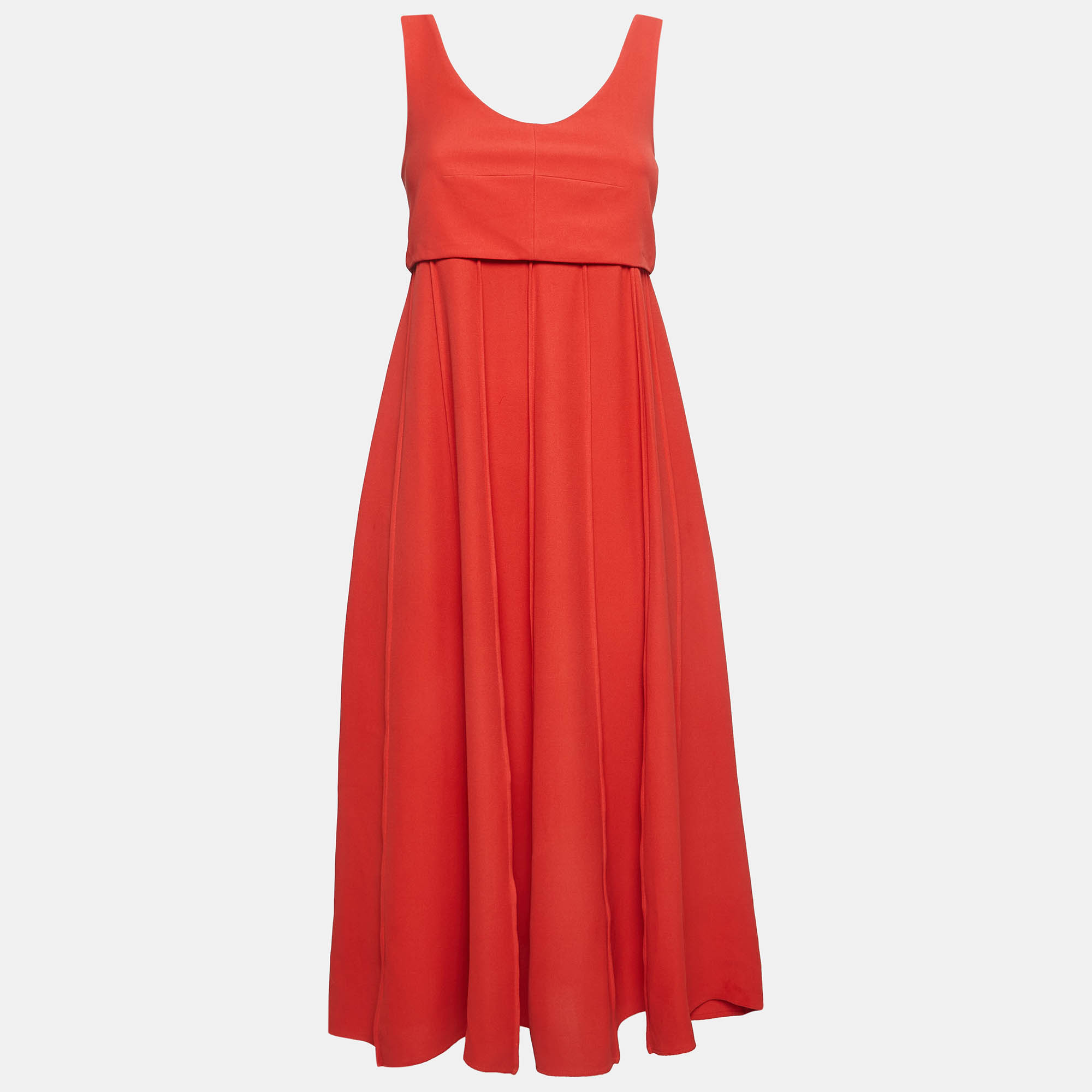 Pre-owned Hermes Red Pleated Silk Sleeveless Midi Dress M
