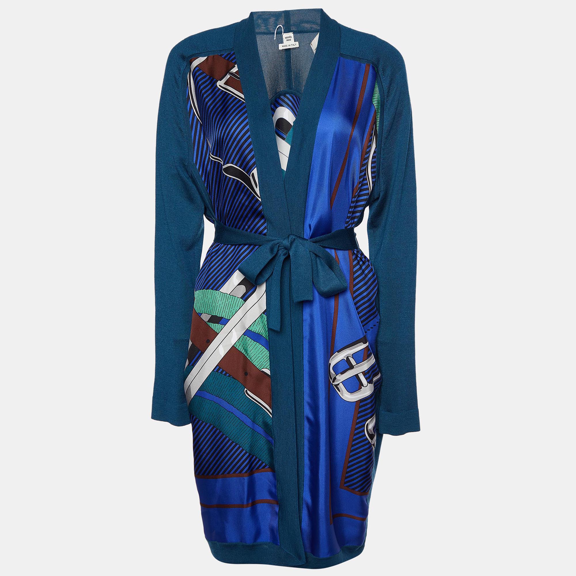 

Hermes Teal Blue Printed Silk & Knit Belted Long Cardigan