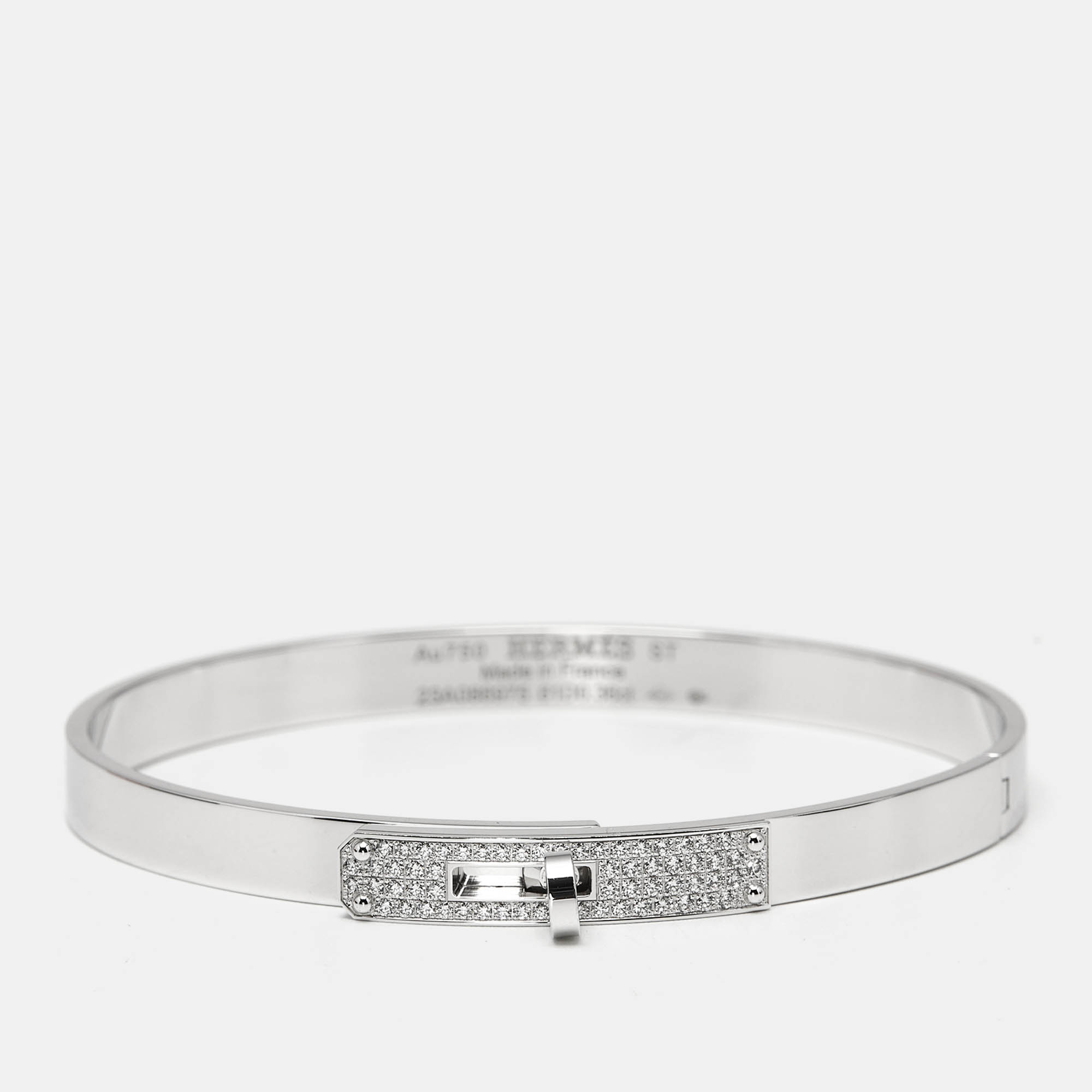 Pre-owned Hermes Kelly Diamond 18k White Gold Small Model Bangle Bracelet St