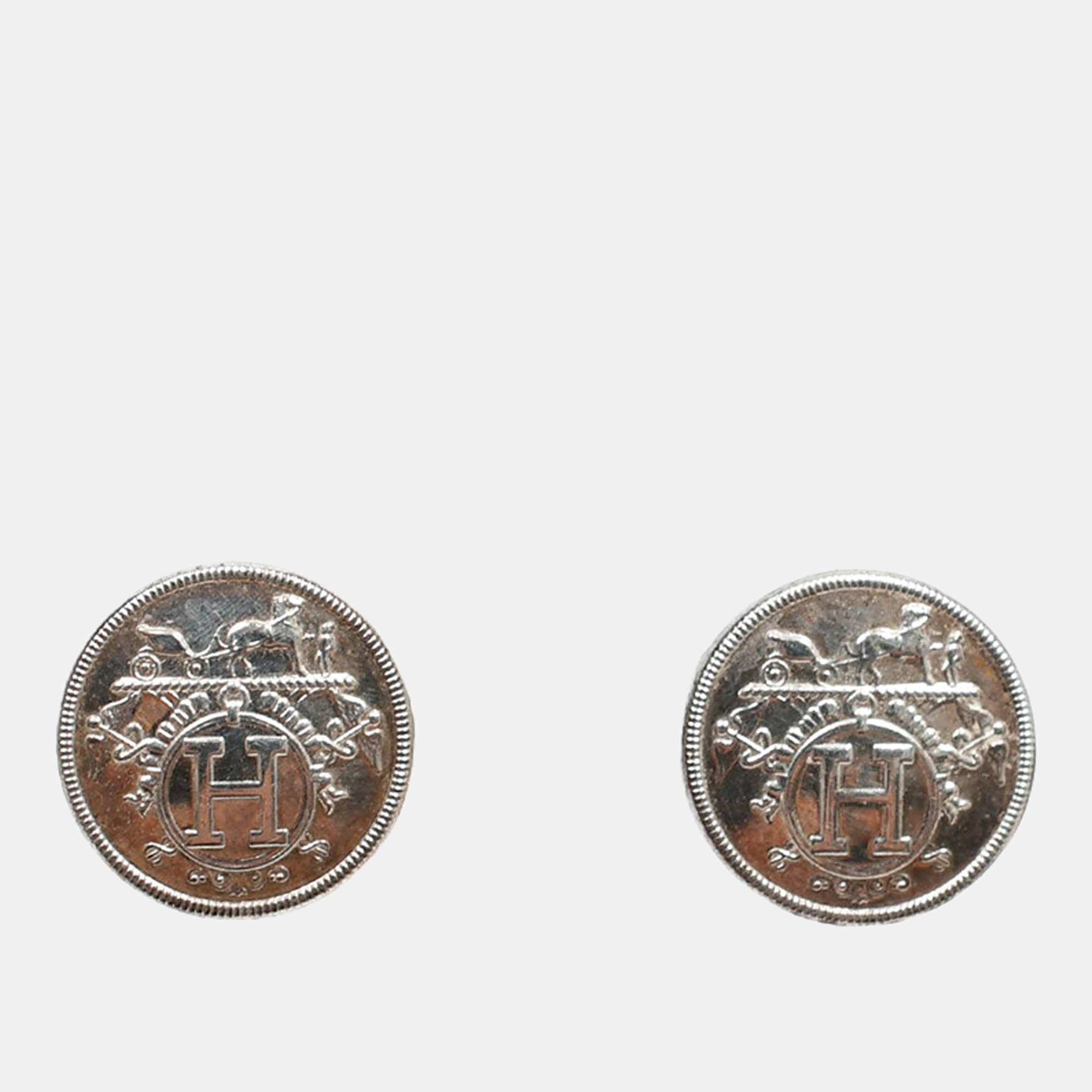 

Hermes Sterling Silver Ex-Libris Button Earrings