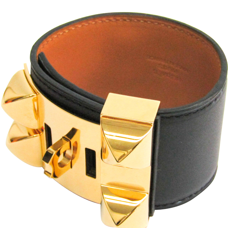 

Hermes Collier De Chien Black Leather Gold PLeated Cuff Bracelet