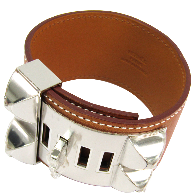 

Hermes Collier De Chien Brown Barenia Leather Palladium Plated Wide Cuff Bracelet