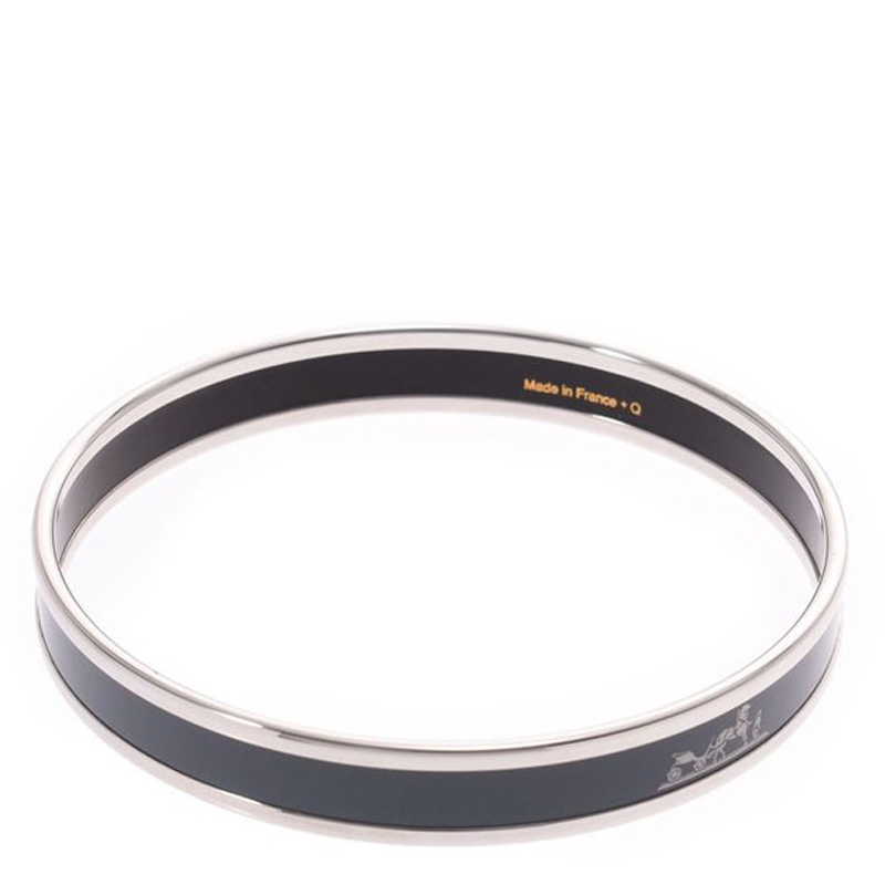 Hermes Dark Grey Silver Cloisonne Logo Bangle