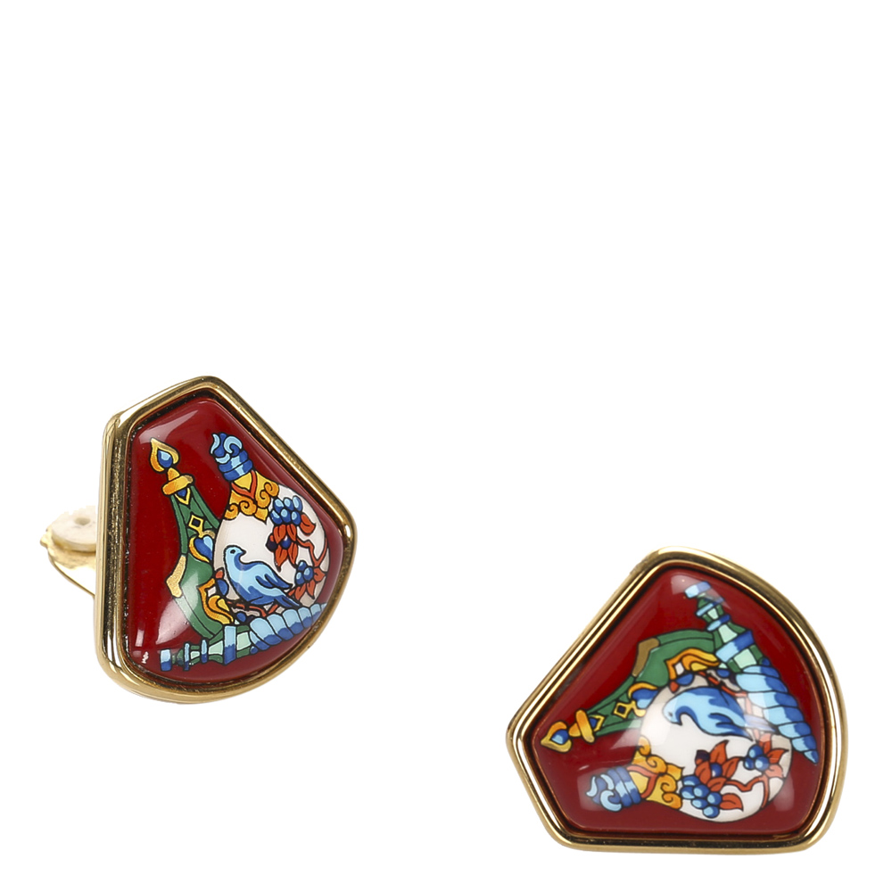 

Hermes Red/Gold Enamel Clip On Earrings
