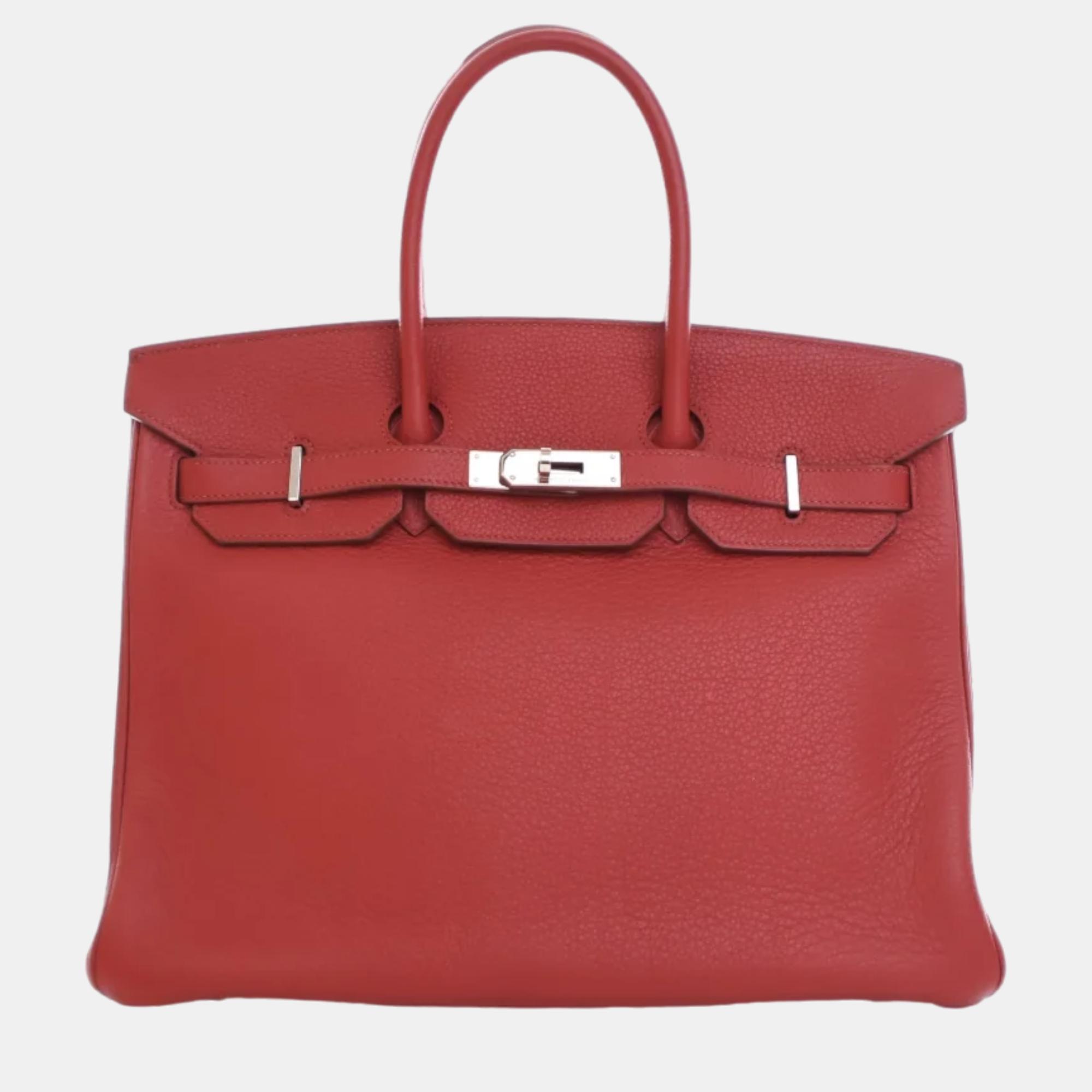 

Hermes Rouge Garance Taurillon Clemence Leather Birkin 35 Tote Bag, Red