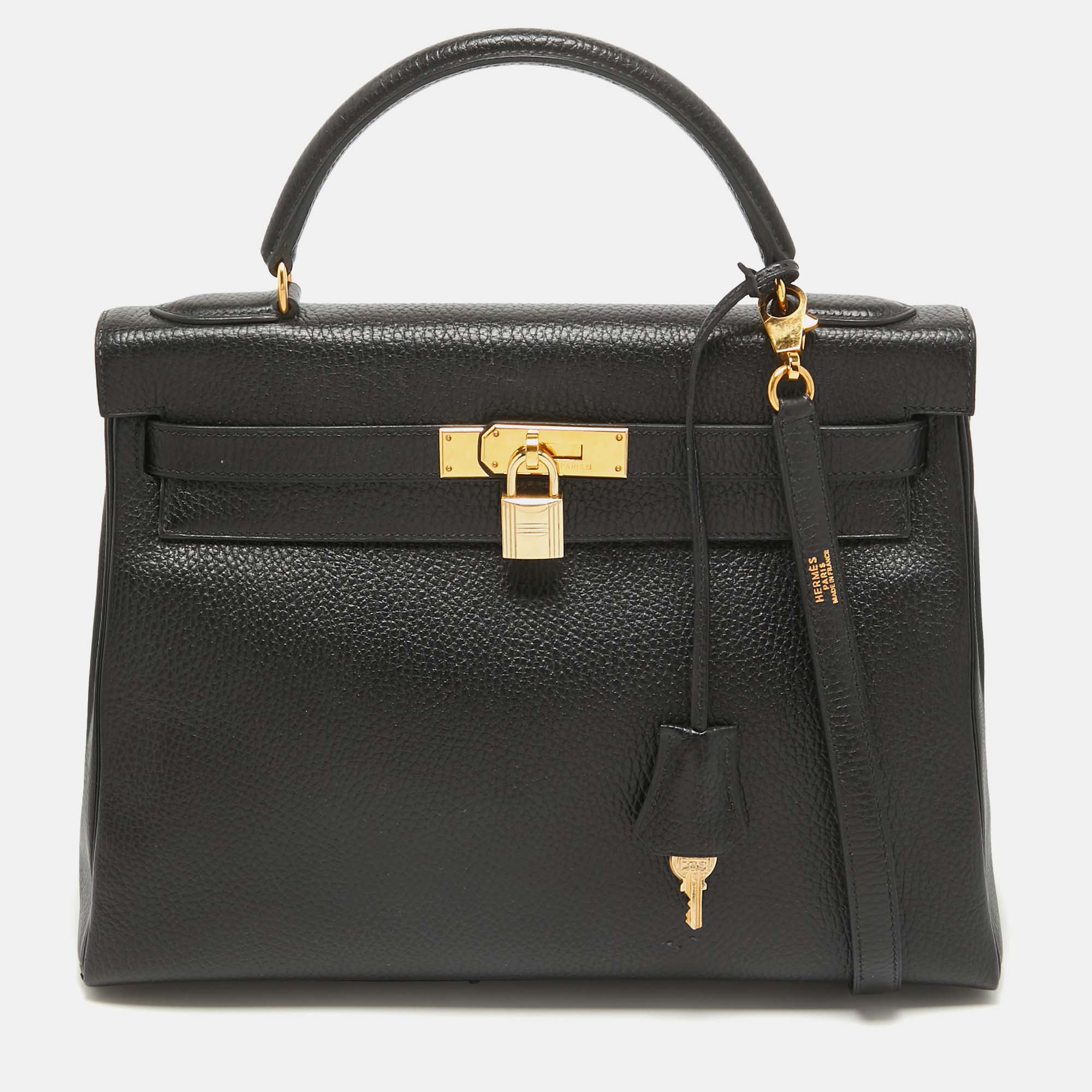 

Hermes Noir Ardennes Leather Gold Finish Kelly Retourne 32 Bag, Black