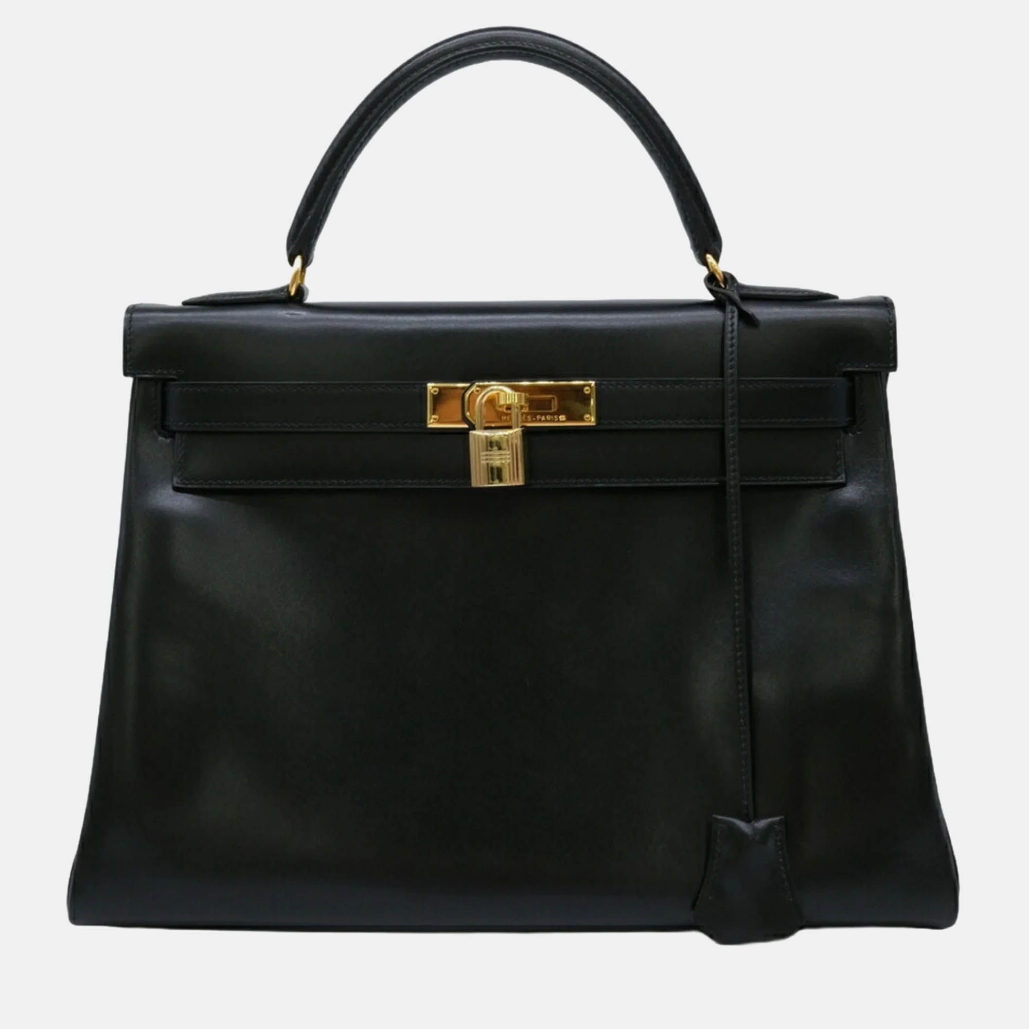 Pre-owned Hermes Black Box Calf Leather Kelly 32 Handbag