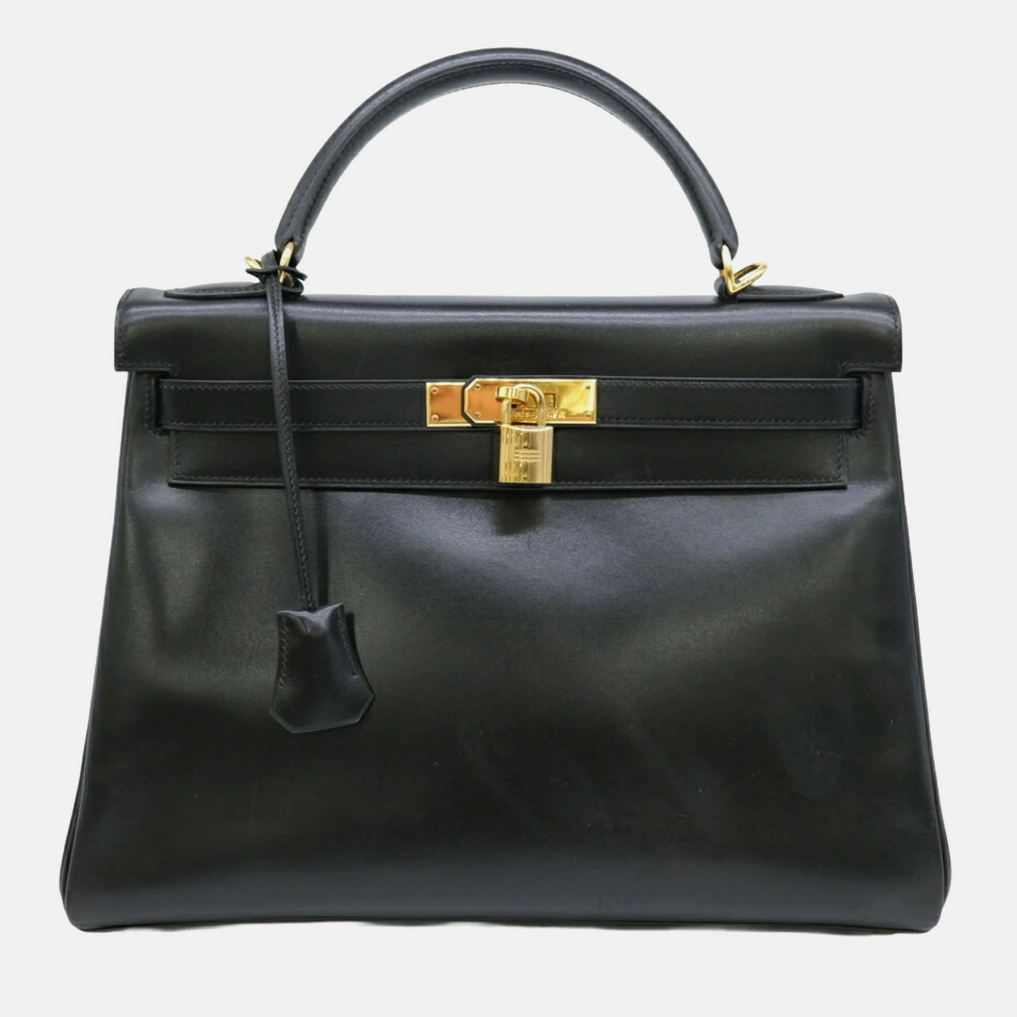 Pre-owned Hermes Black Box Calf Leather Kelly 32 Handbag