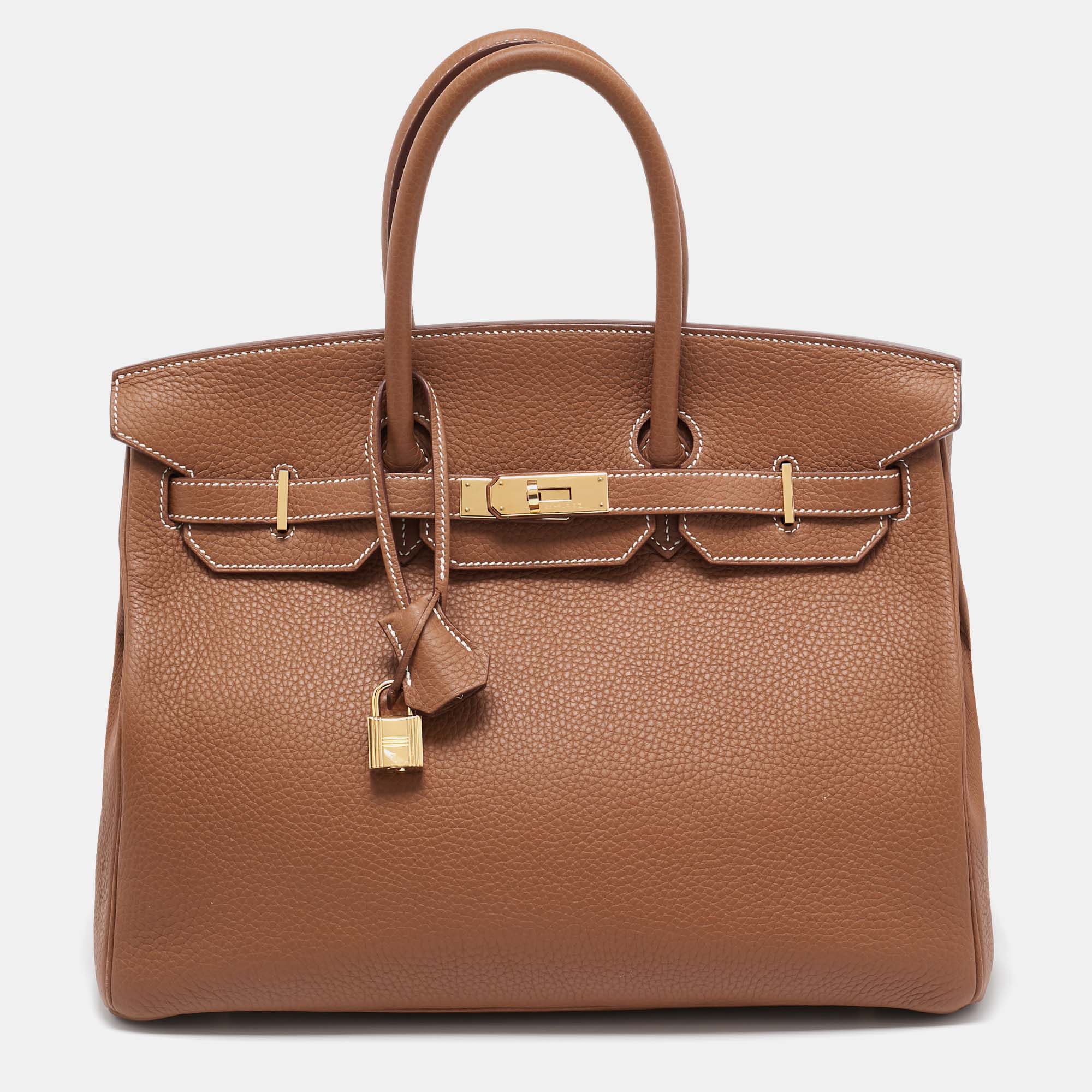 

Hermes Gold Taurillon Clemence Leather Gold Finish Birkin 35 Bag, Brown