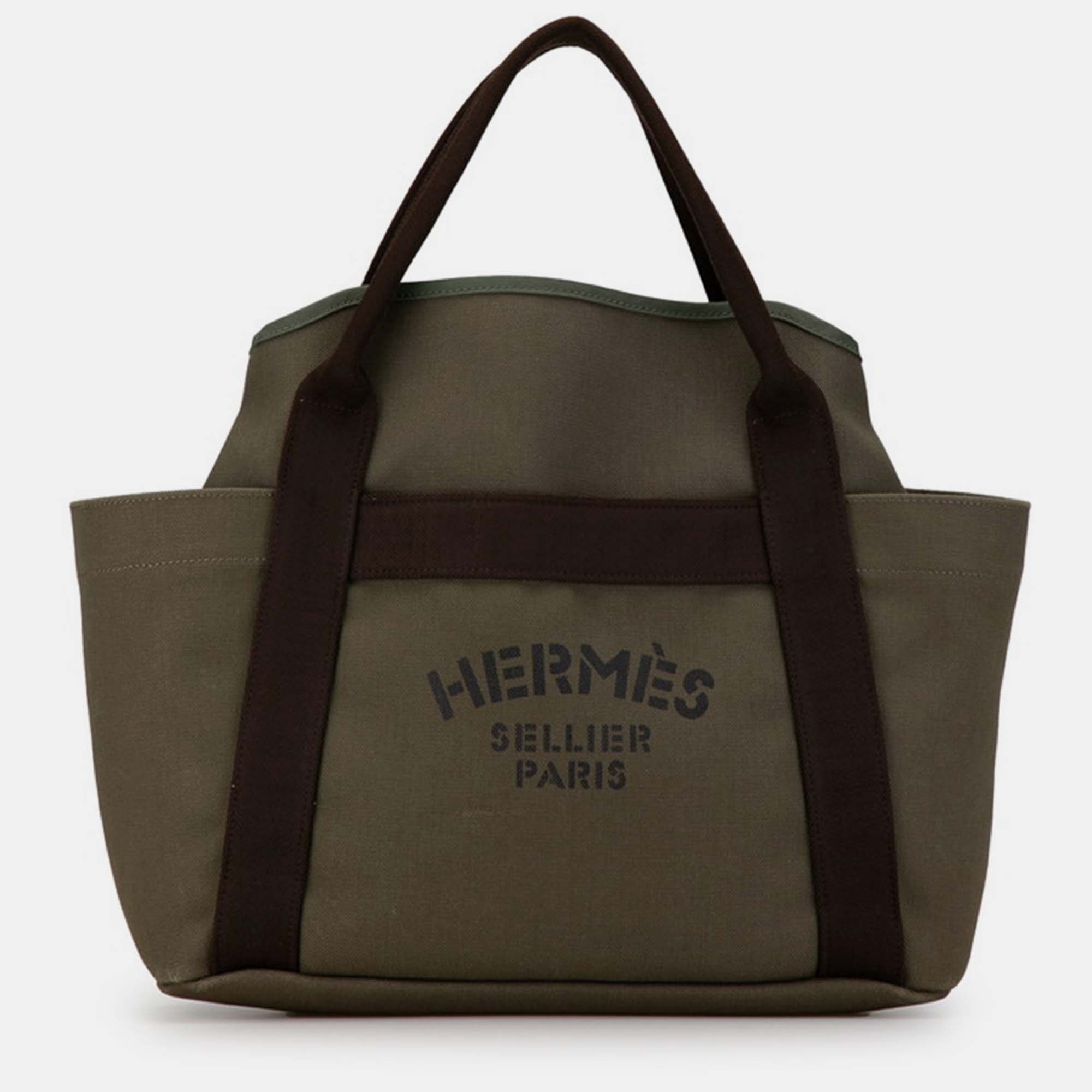 Pre-owned Hermes Brown Toile Sac De Pansage Grooming Bag