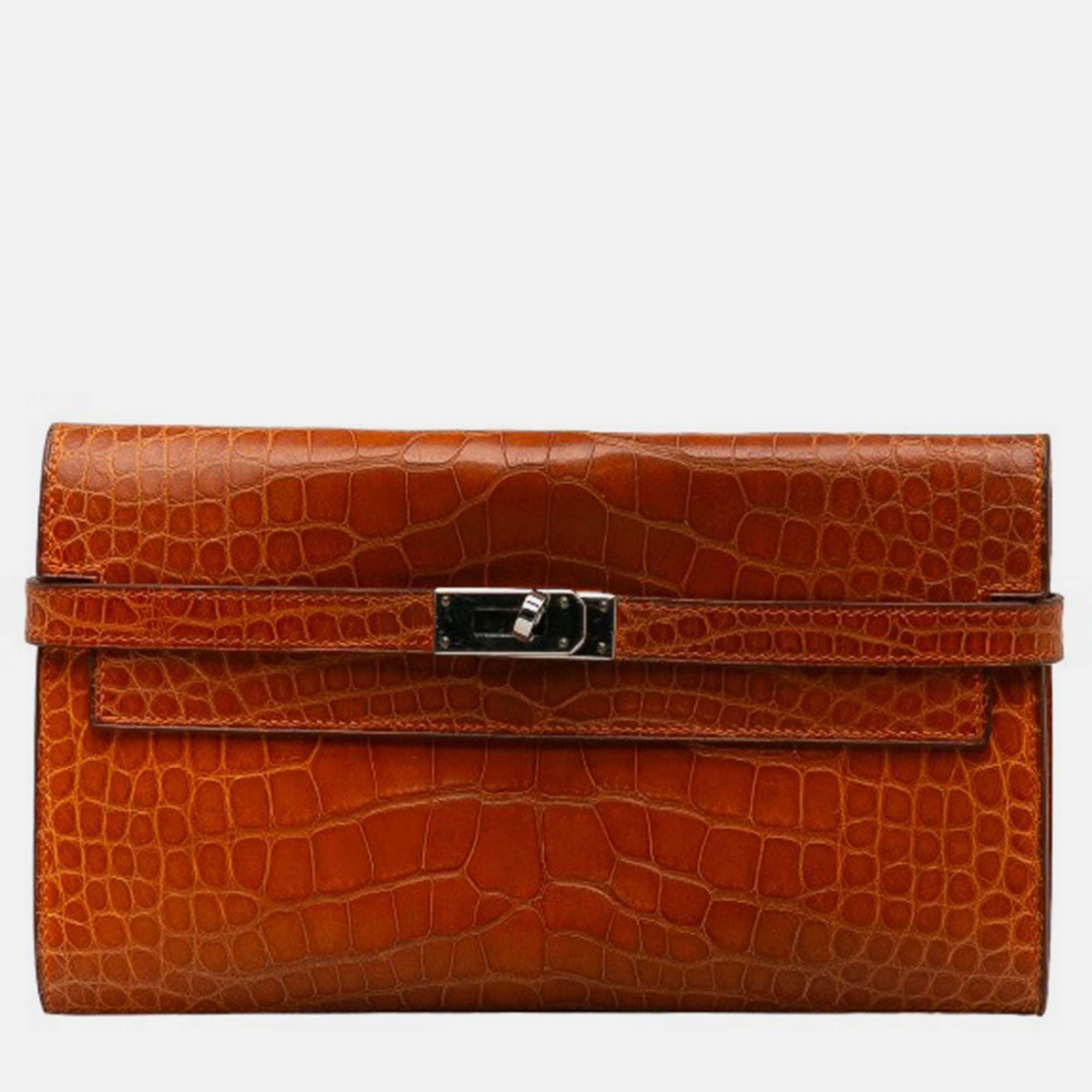 

Hermes Orange Matte Alligator Kelly Wallet, Brown