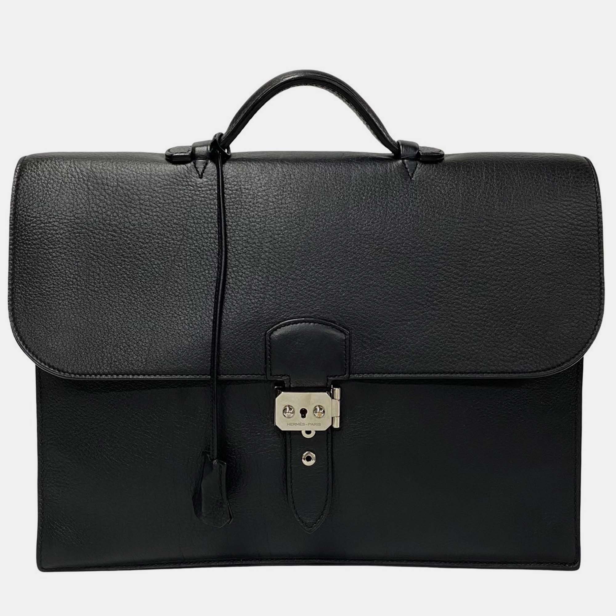 

Hermes Black Leather Togo Sac a Depeches Bag