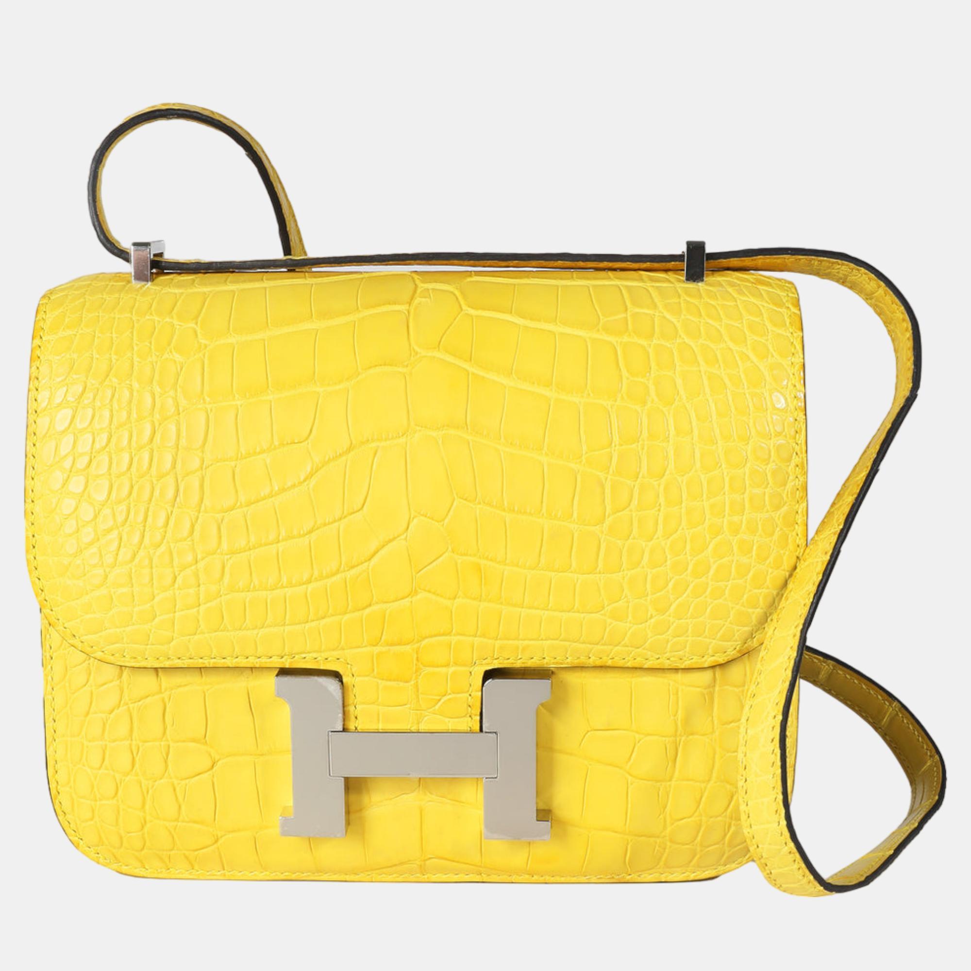 Pre-owned Hermes Mimosa Matte Mississippiensis Alligator Mini Constance Iii Phw Bag In Yellow