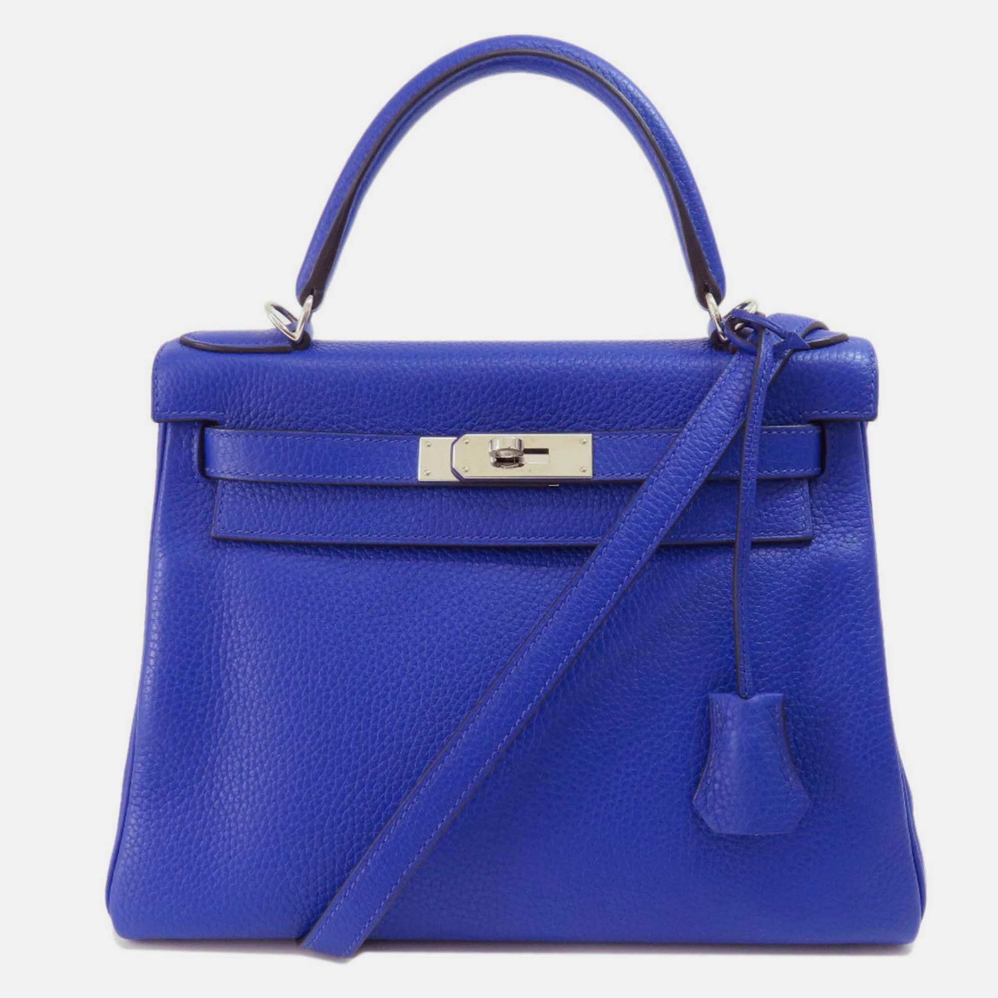 Pre-owned Hermes Taurillon Kelly 28 Handbag In Blue