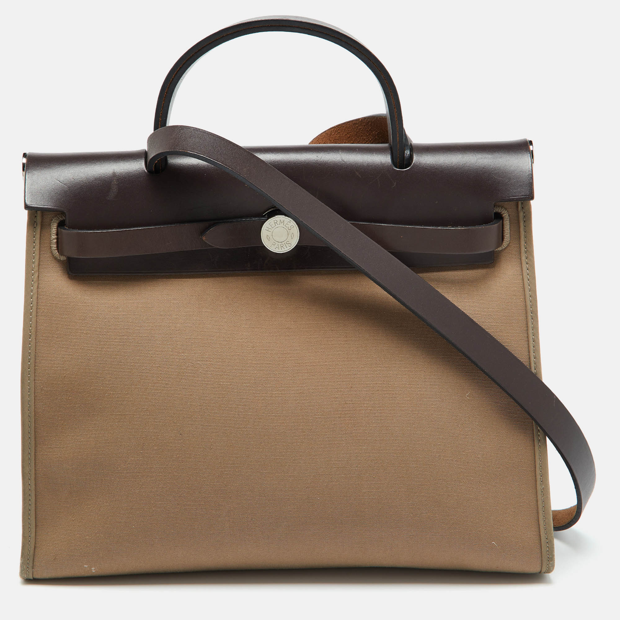 

Hermès Ebene/Etain Canvas and Leather Herbag Zip 31 Bag, Brown