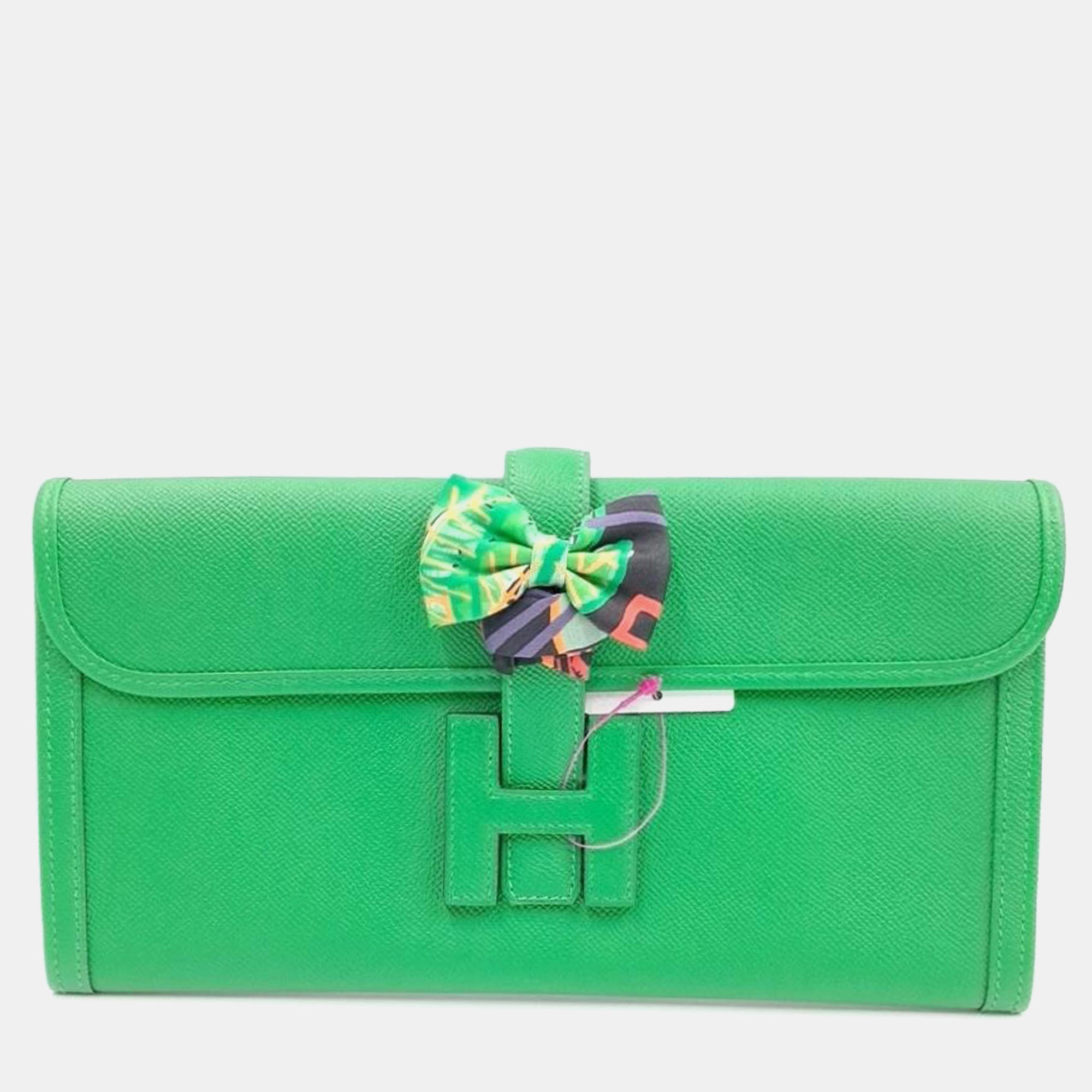 

Hermes Bambou Epsom Leather 29 Jige Elan Clutch w/ Bow, Green