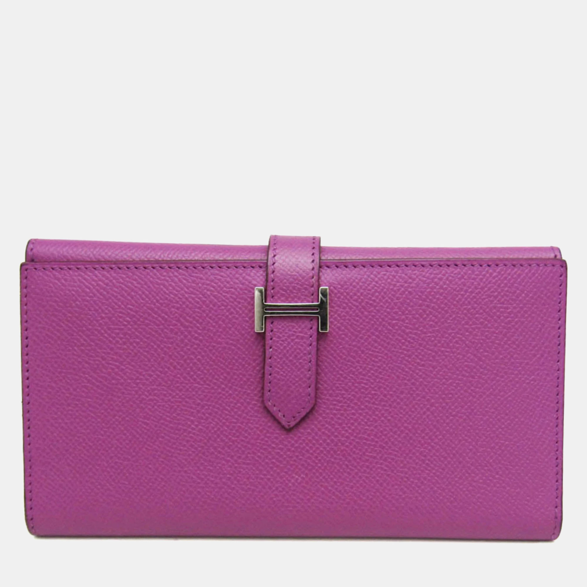 Pre-owned Hermes Purple Epsom Leather Bearn Wallet In Pink