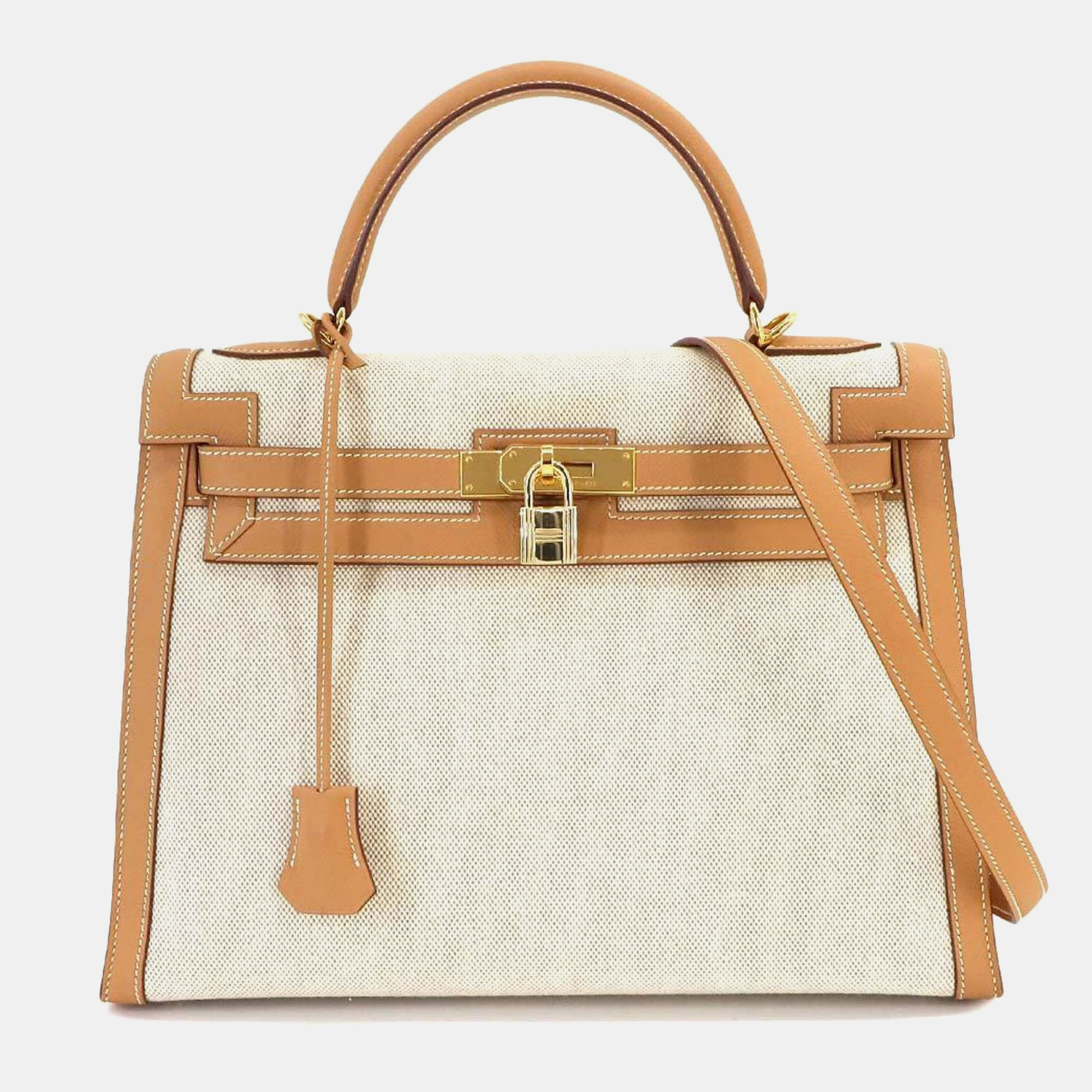 

Hermes Natural Toile H Cushvel Epsom Kelly 32 Handbag, Beige